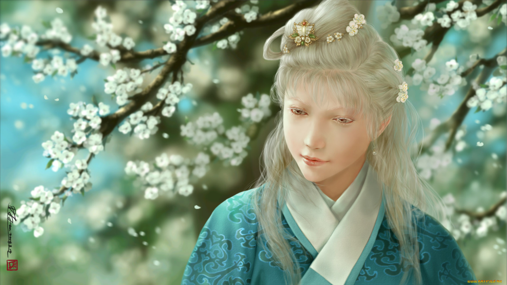 фэнтези, девушки, заколка, кимоно, цветы, девушка, альбинос, dtjun, арт