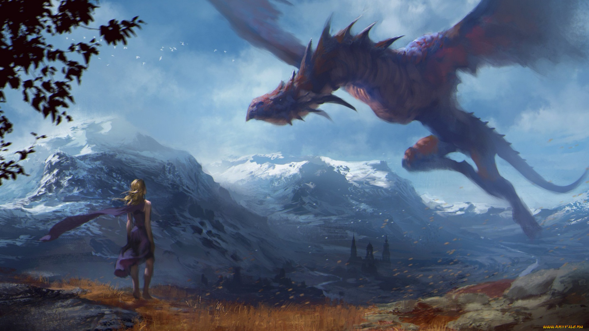 фэнтези, красавицы, и, чудовища, горы, крылья, взгляд, дракон, девушка, фантастика, арт