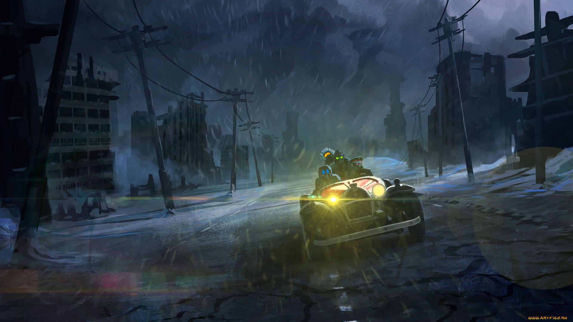 фэнтези, романтика, апокалипсиса, дождь, zee, captain, руины, romantically, apocalyptic, авто, art, город, дорога, машина, ночь