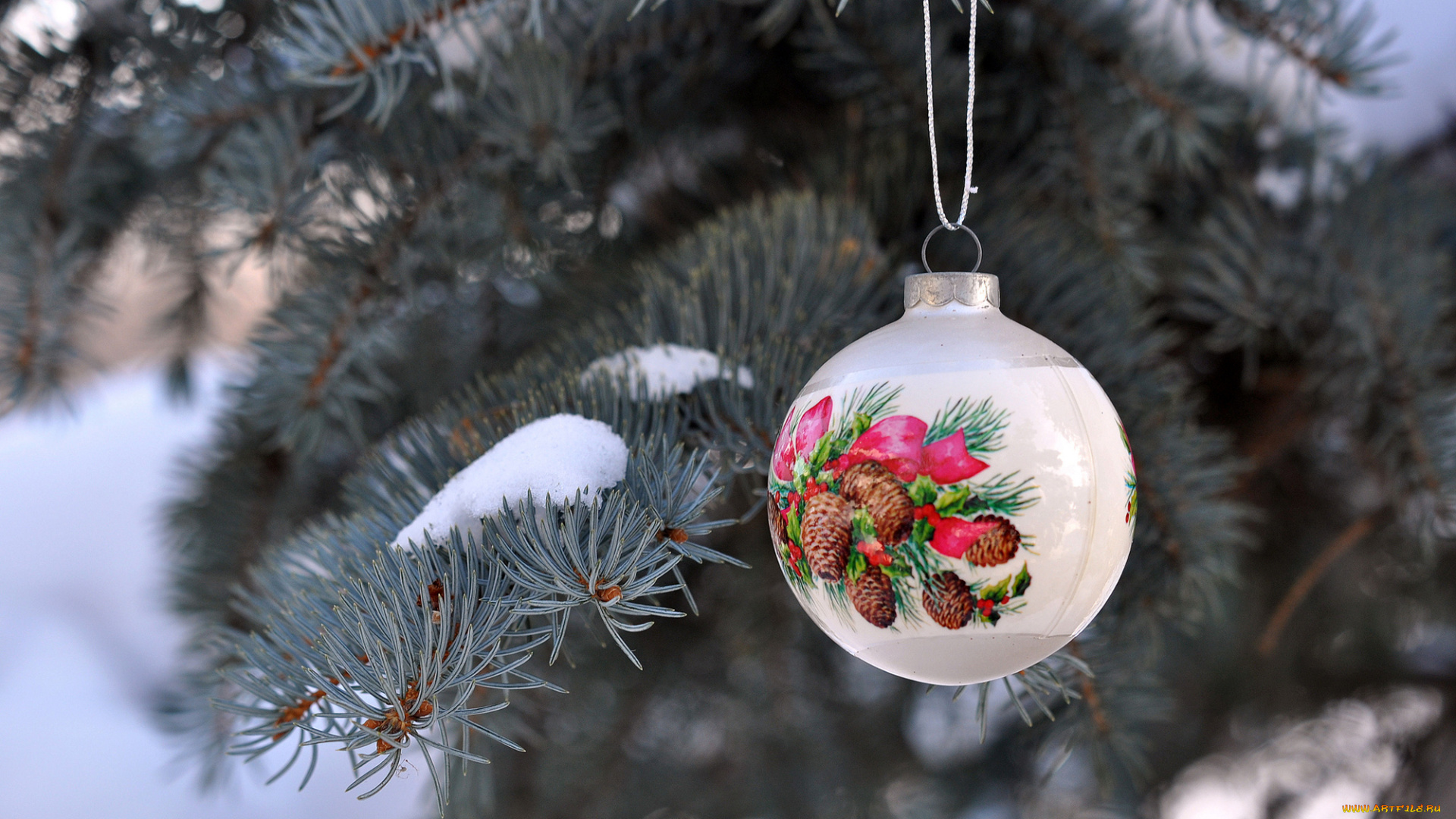 праздничные, шары, зима, иголки, снег, елочная, рисунок, игрушка, new, year, ветки, ель, новый, год, рождество, праздники, christmas, шар, белый