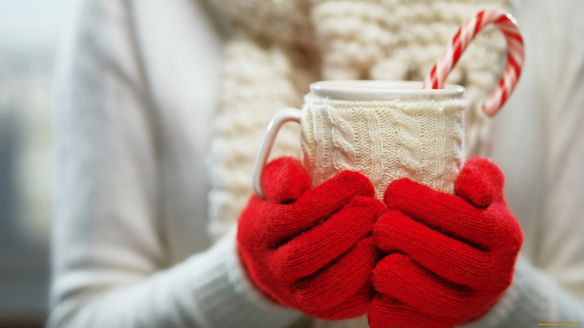 разное, руки, свитер, перчатки, конфета, чашка, девушка