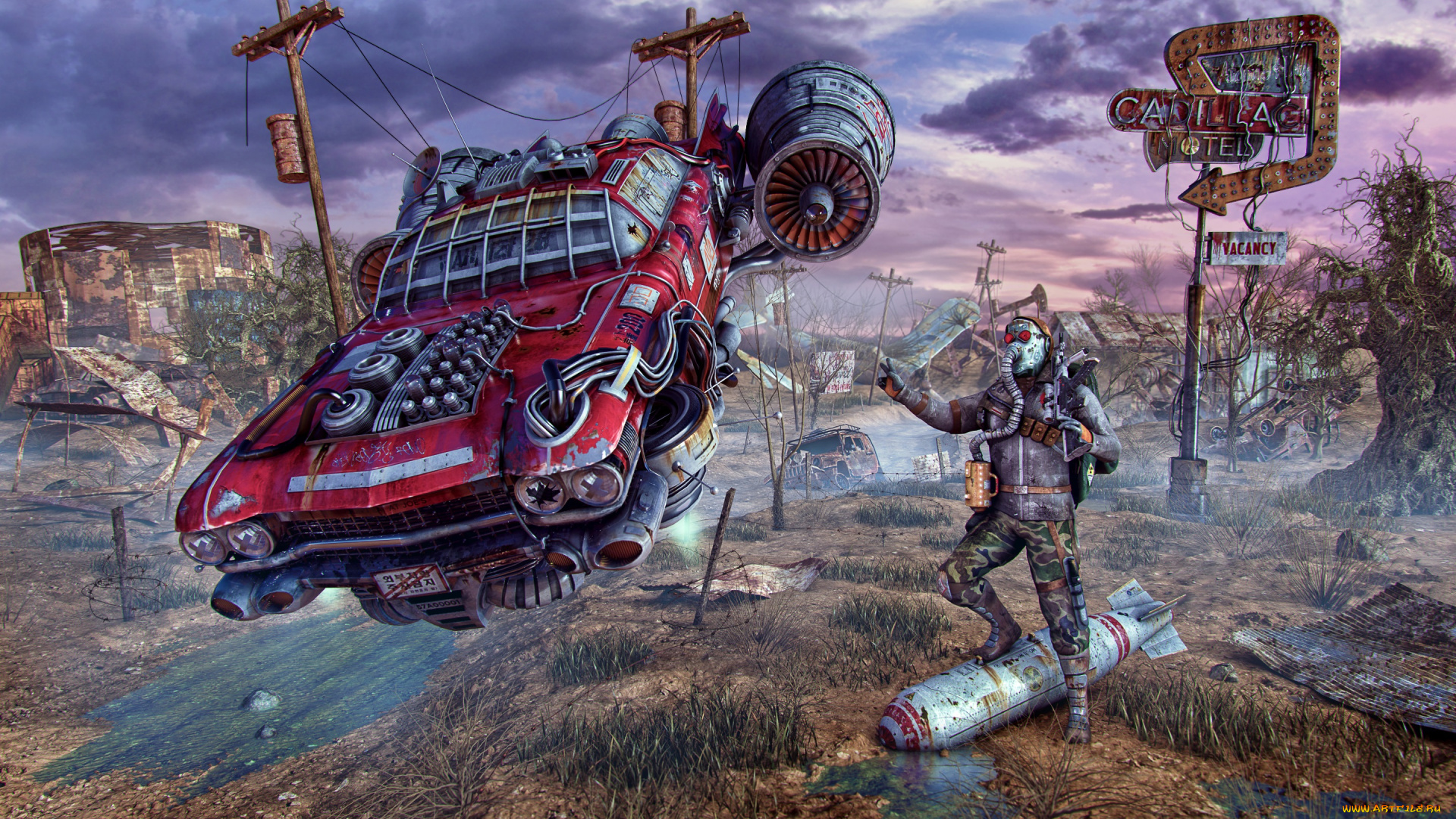 видео, игры, ~~~другое~~~, автомобиль, человек, руины, фантастика, пустошь, бомба, авто, машина, противогаз, fallout