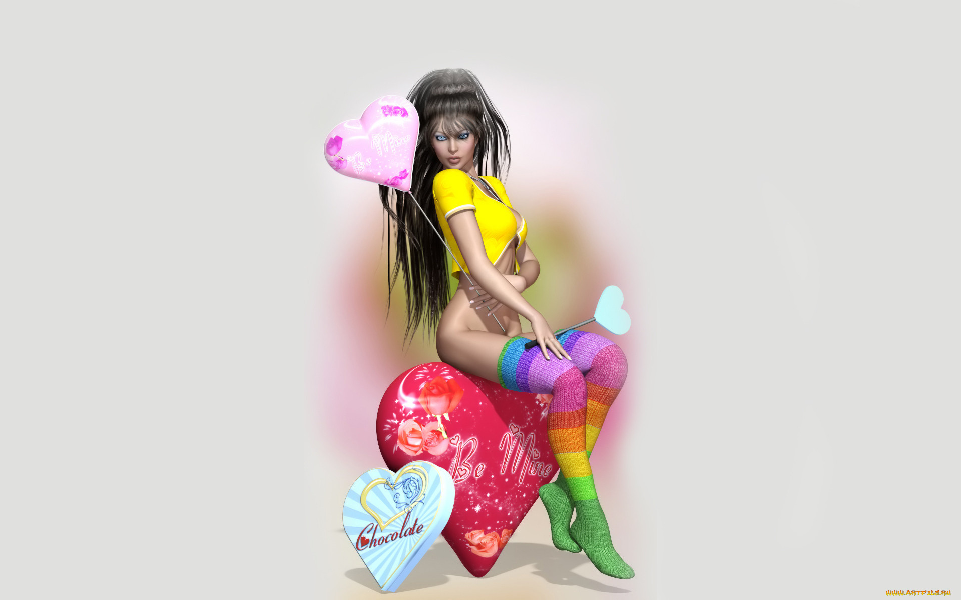 3д, графика, люди, , people, сердце, шары, взгляд, фон, девушка