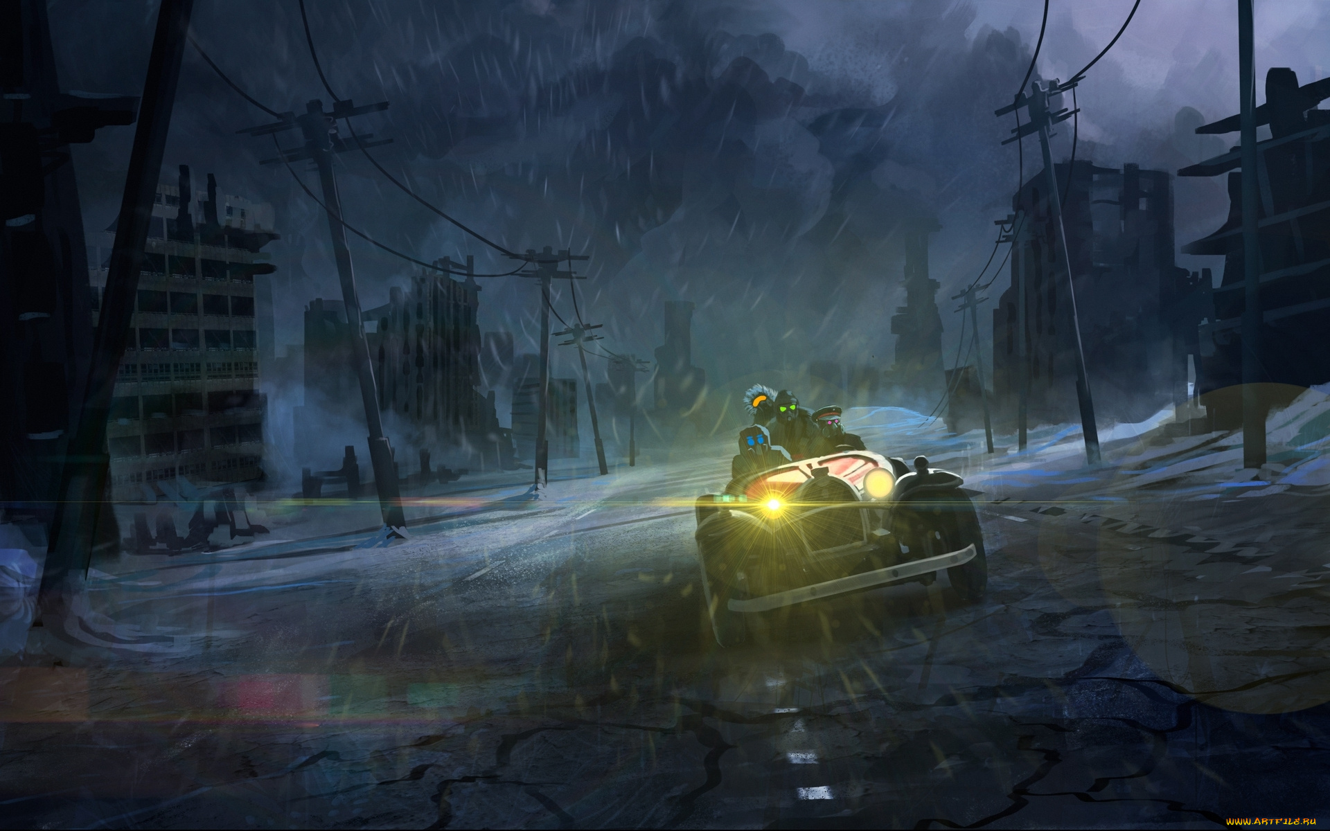 фэнтези, романтика, апокалипсиса, дождь, zee, captain, руины, romantically, apocalyptic, авто, art, город, дорога, машина, ночь