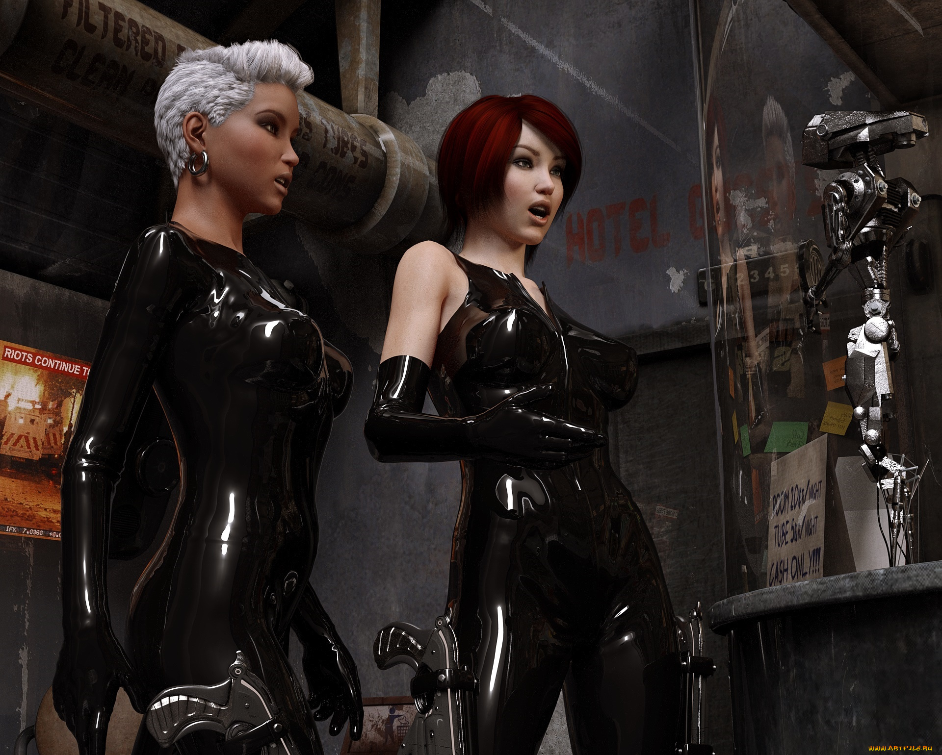 3д, графика, фантазия, , fantasy, девушки, взгляд, фон, оружие, робот