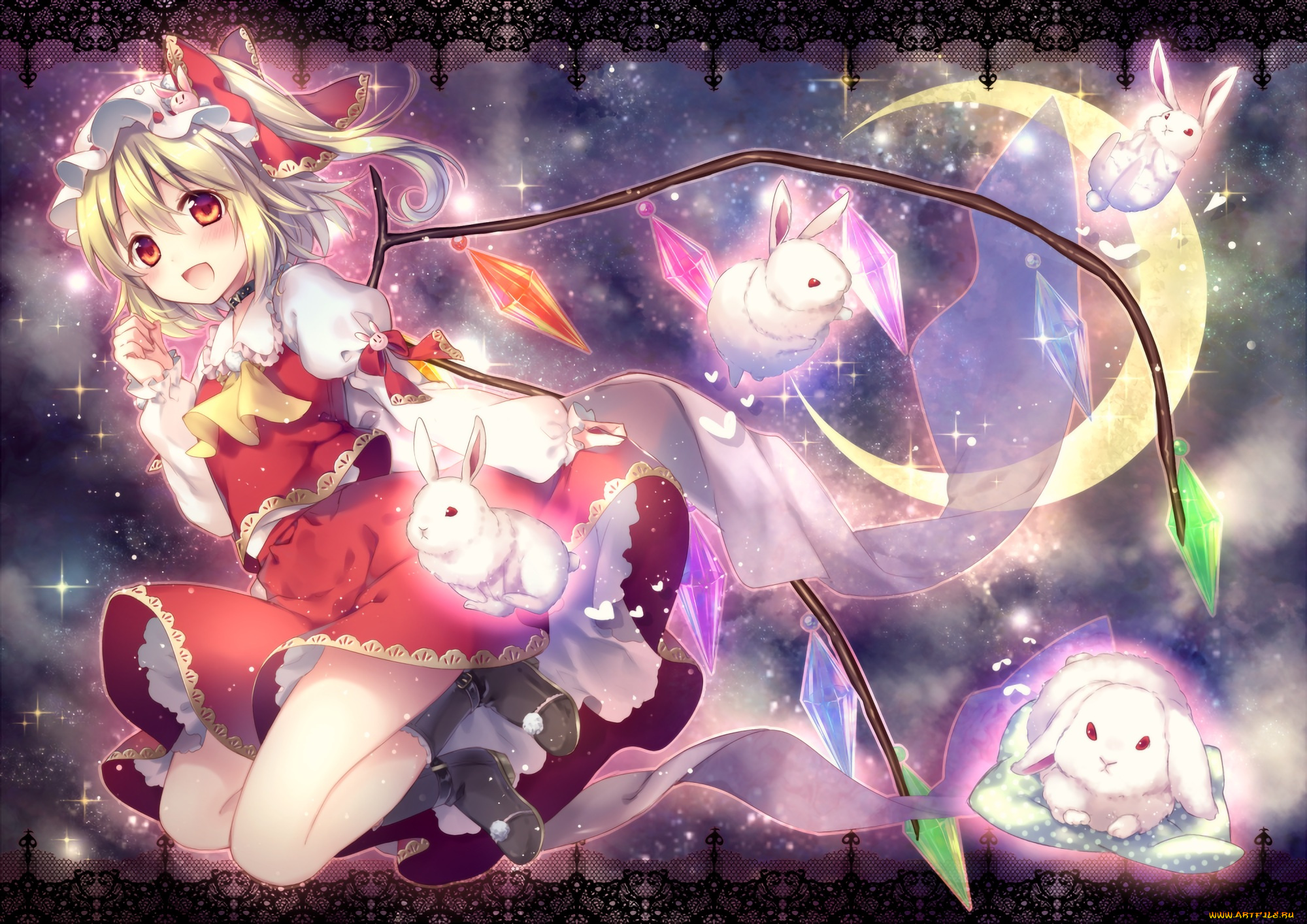 аниме, touhou, девочка, кролики, арт, riichu, flandre, scarlet