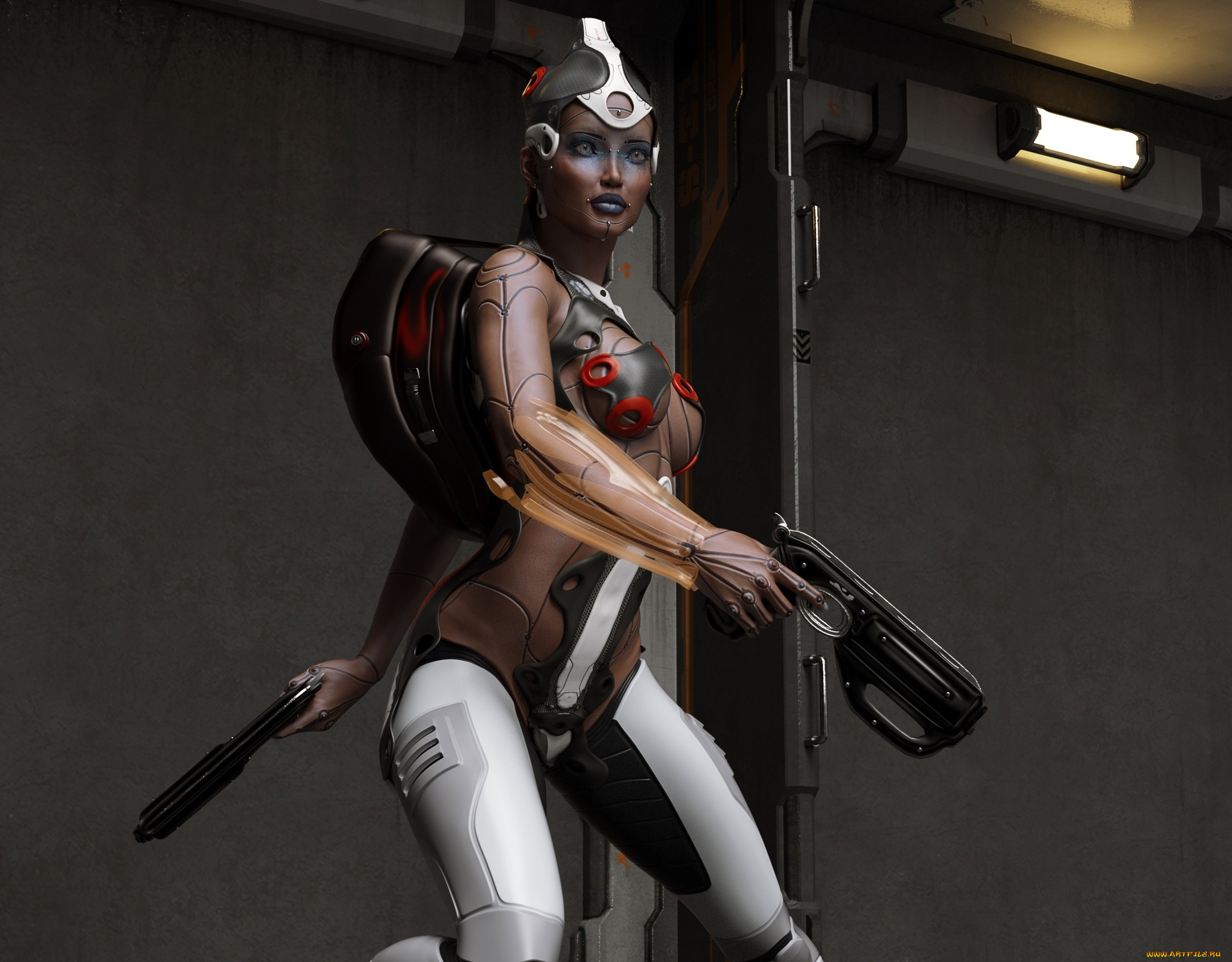 3д, графика, _science, fiction, девушка, взгляд, фон, оружие