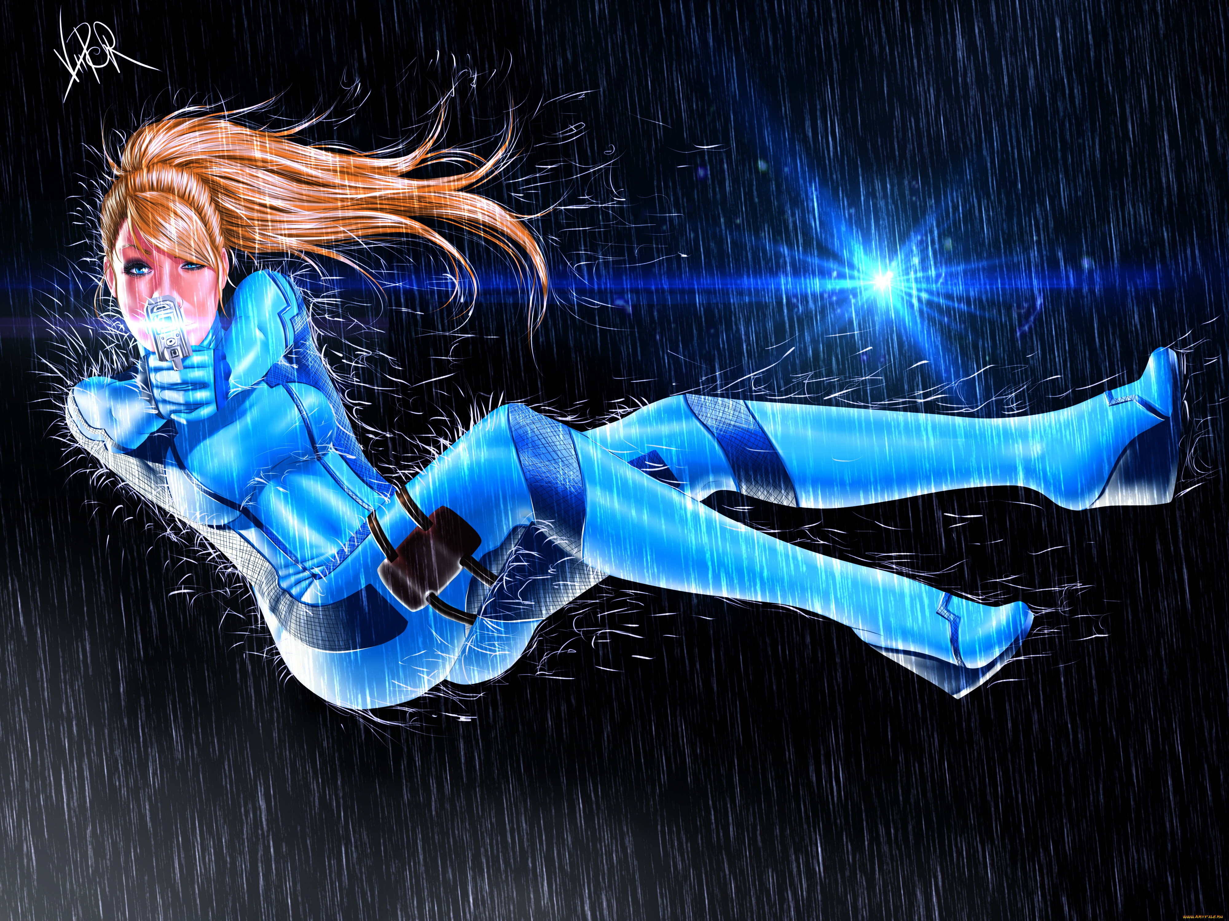 видео, игры, metroid, prime, hunters, дождь, костюм, оружие, девушка, арт, metroid, samus, aran