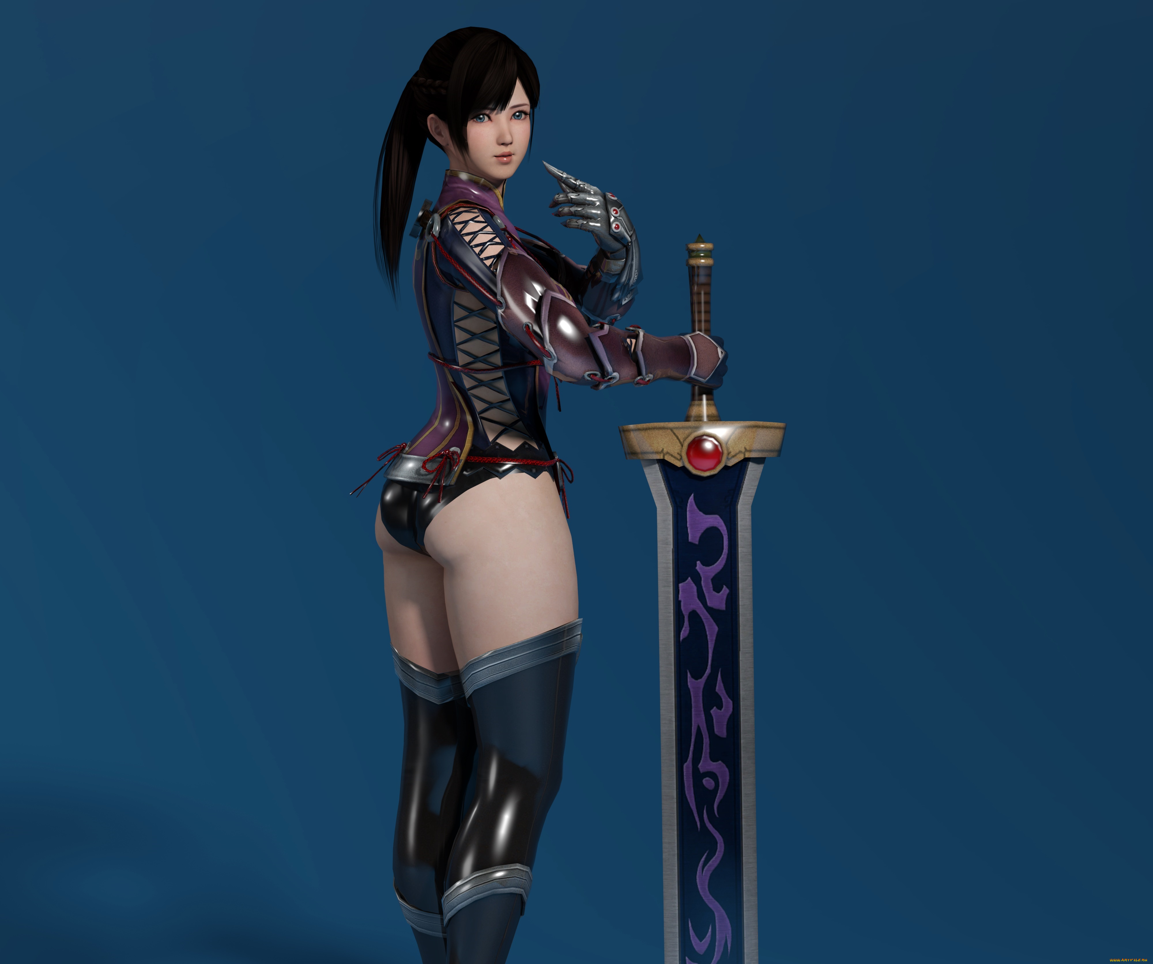 3д, графика, аниме, , anime, девушка, взгляд, фон, оружие