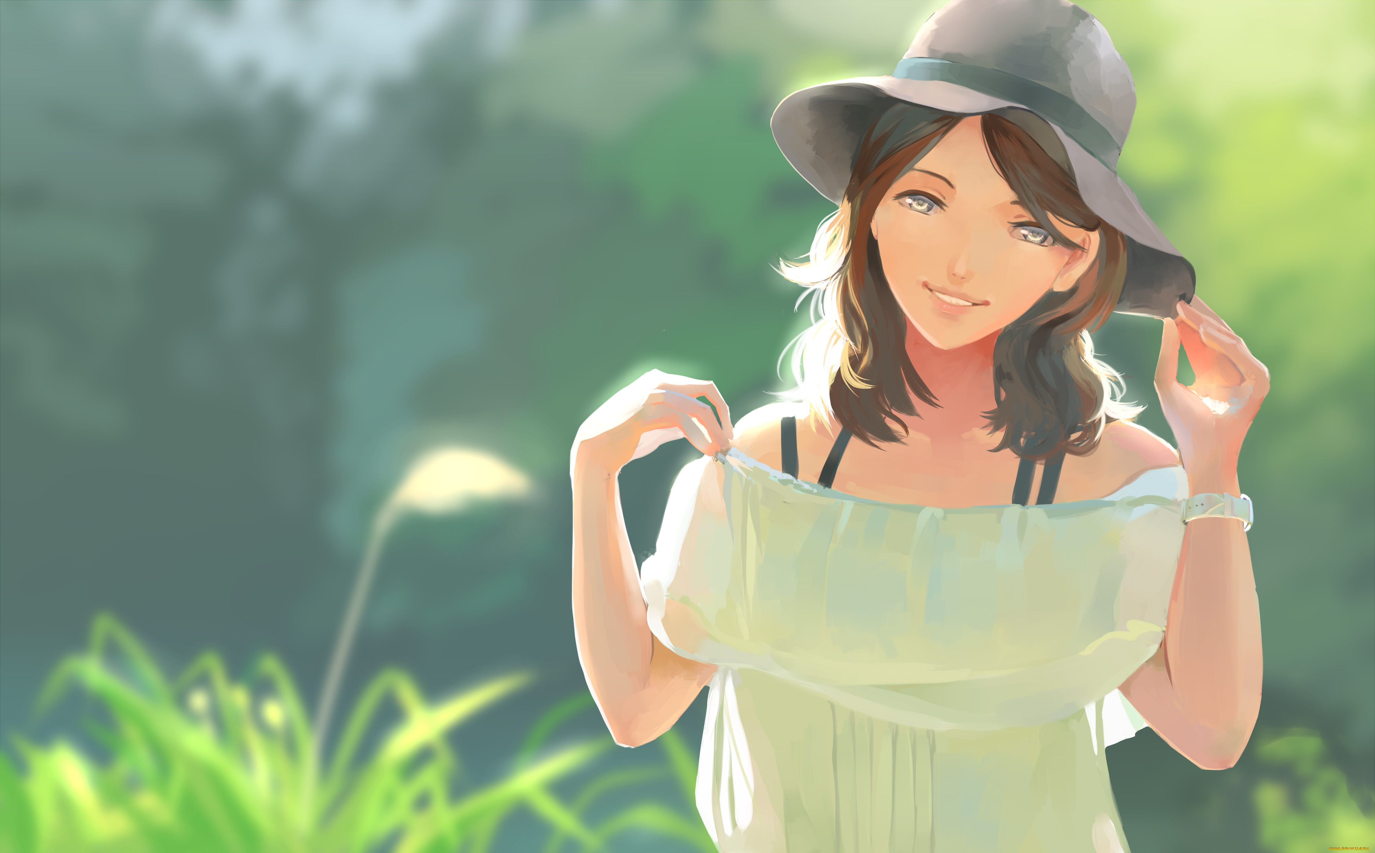 аниме, unknown, , другое, фон, взгляд, девушка, шляпа, улыбка