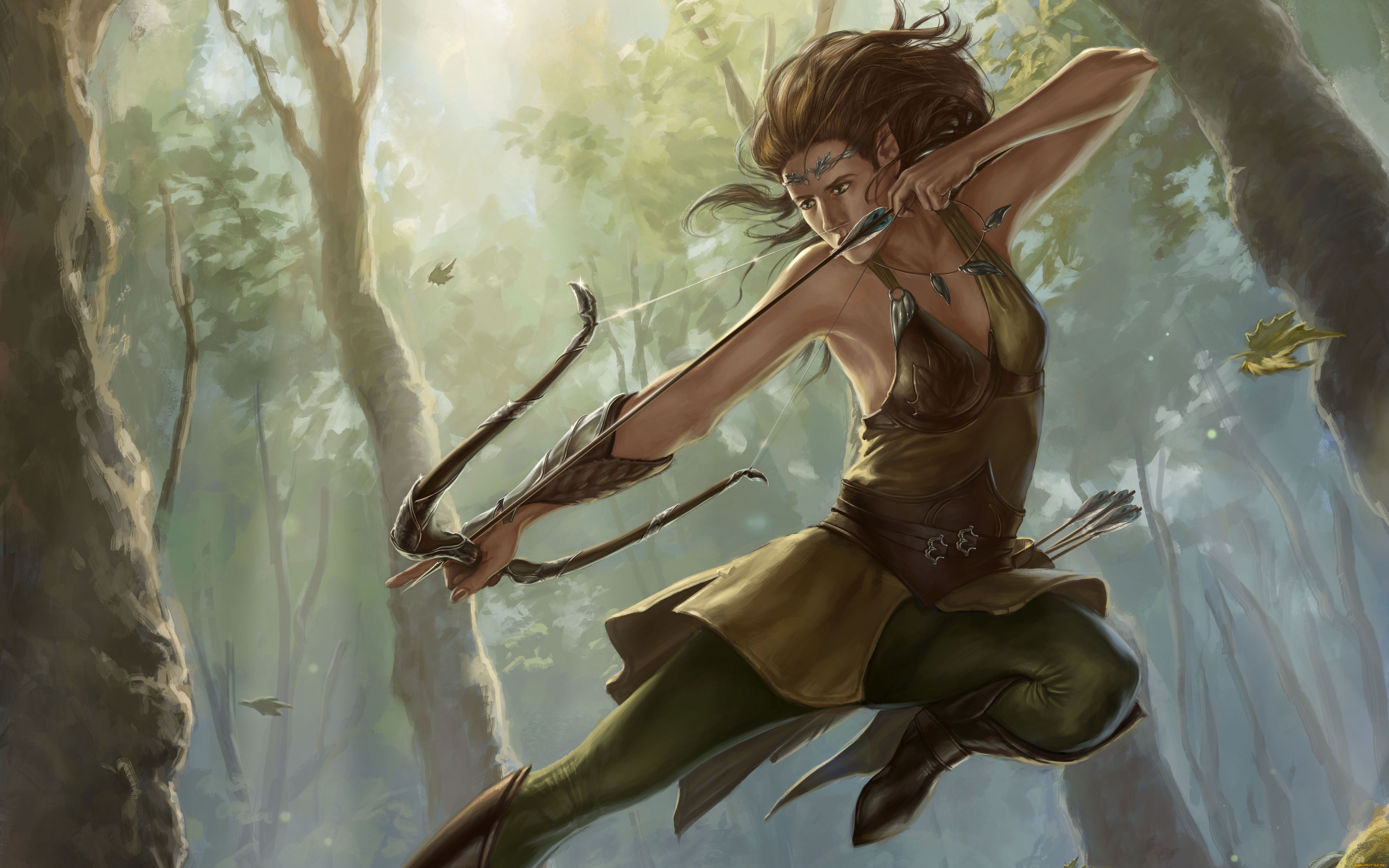 фэнтези, эльфы, эльф, девушка, лес, лучник, атака