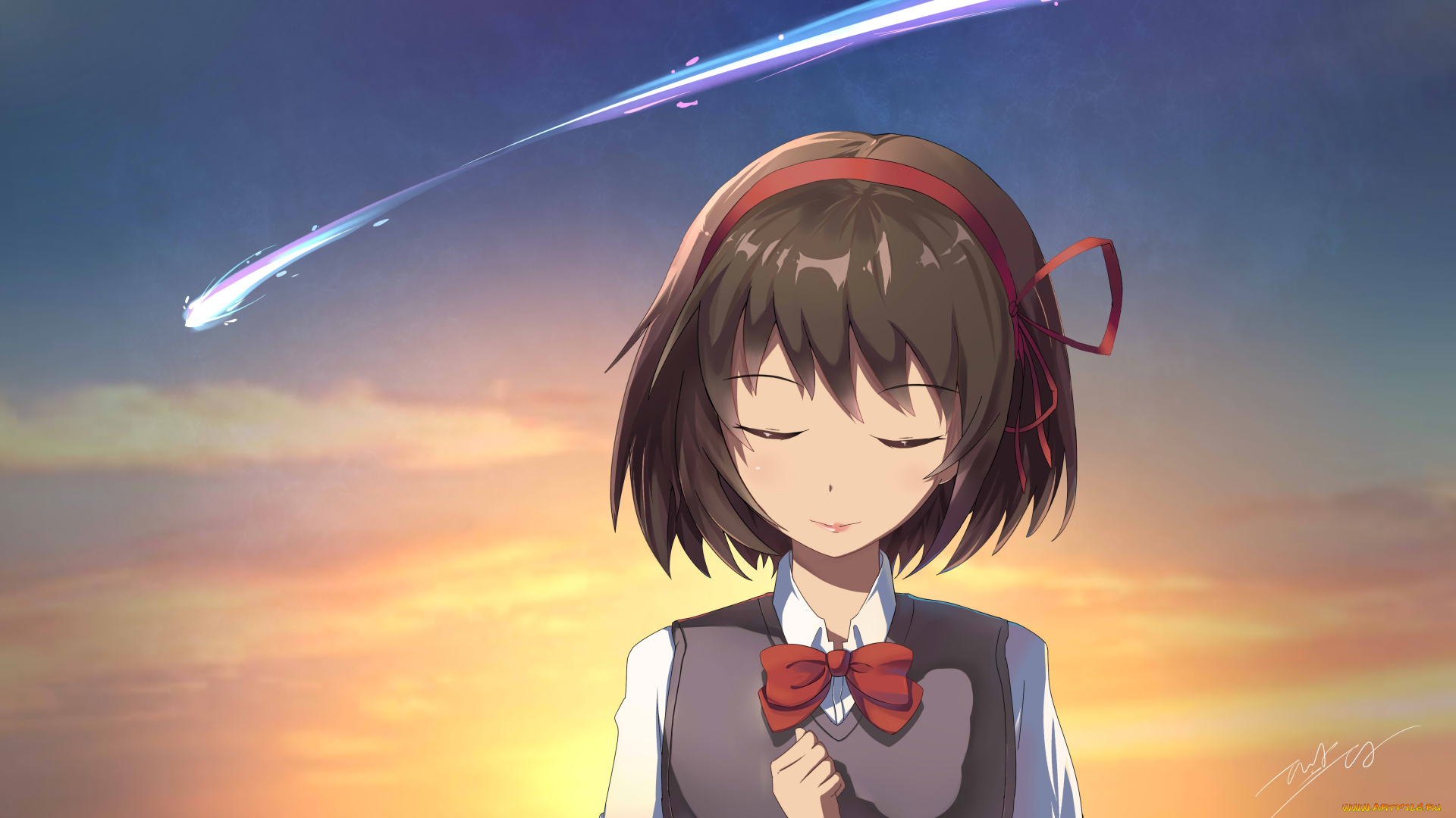 аниме, kimi, no, na, wa, взгляд, девушка, фон