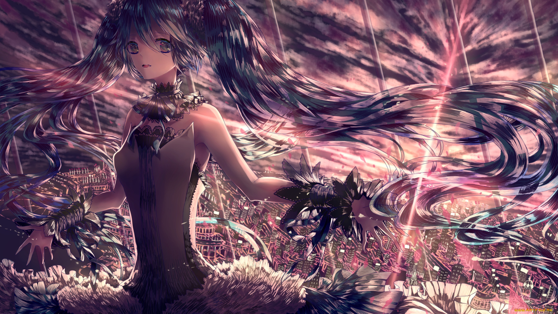 аниме, vocaloid, закат, облака, небо, девушка, город, дома, aka, x, арт, hatsune, miku, 7th, dragon, 2020