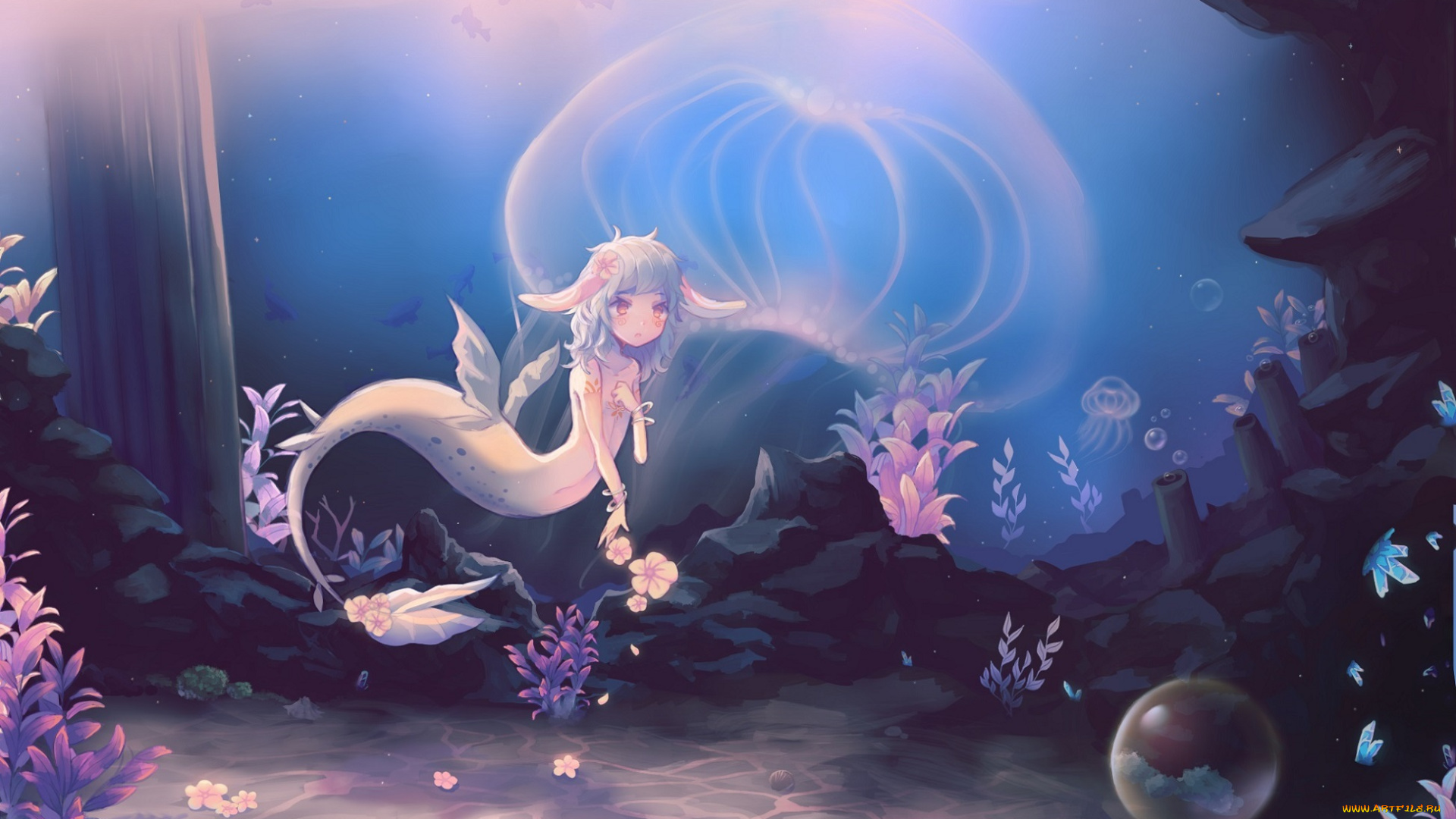 аниме, животные, , существа, цветы, подводный, мир, ушки, медуза, пузыри, русалка