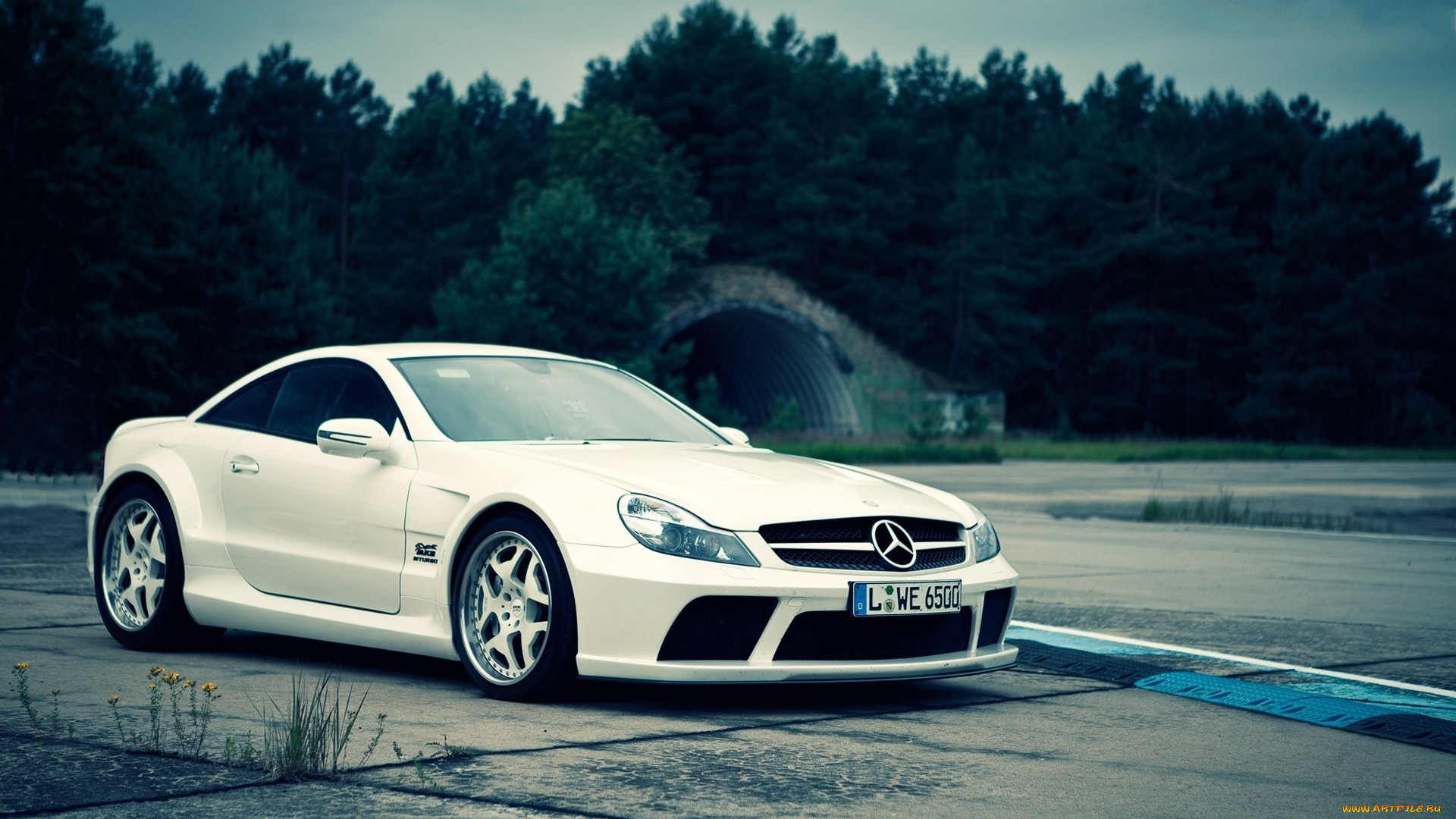 автомобили, mercedes-benz, площадка, лес, белый, мерседес, арка