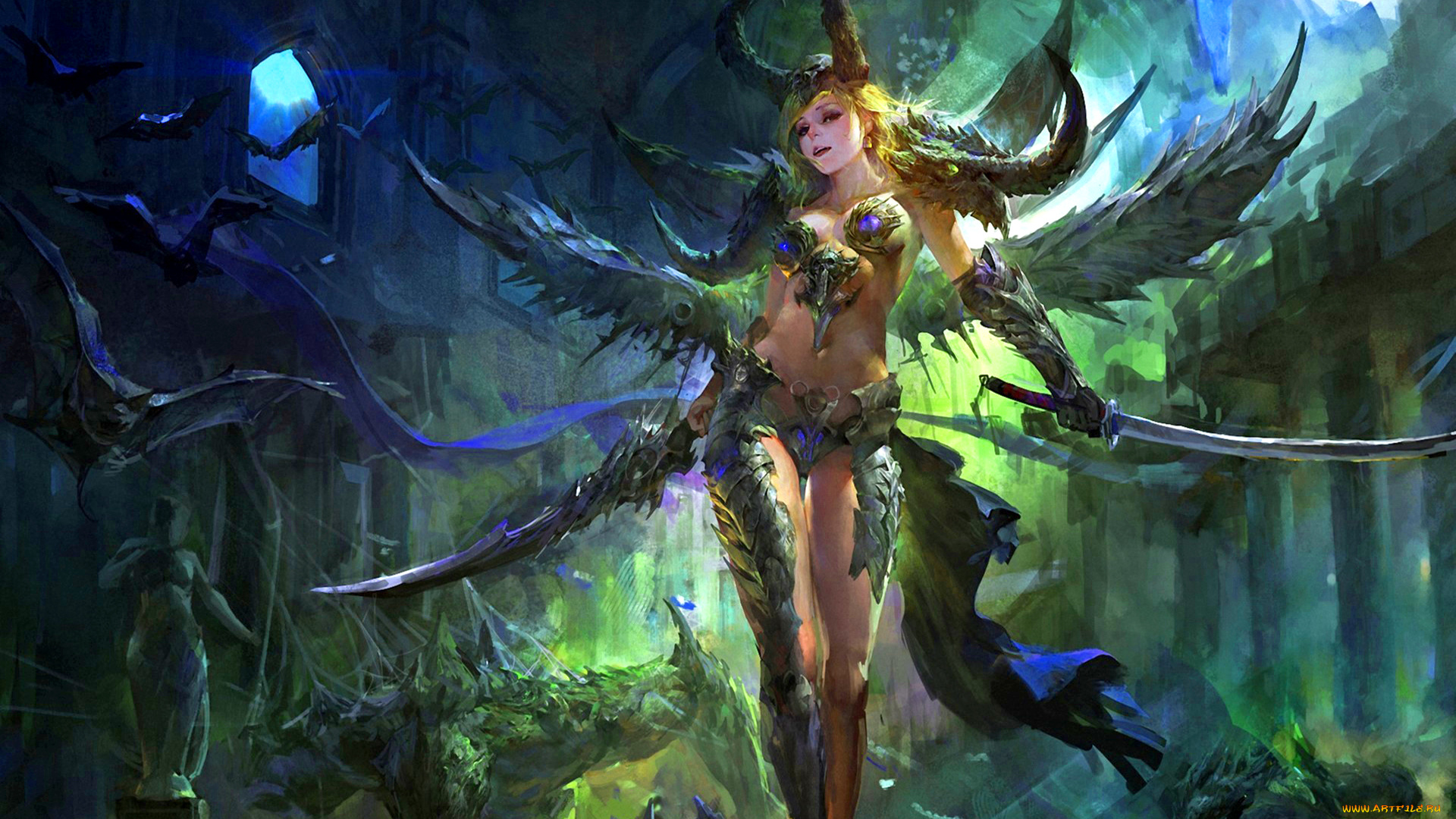 фэнтези, демоны, меч, арт, воин, рога, фентези, девушка