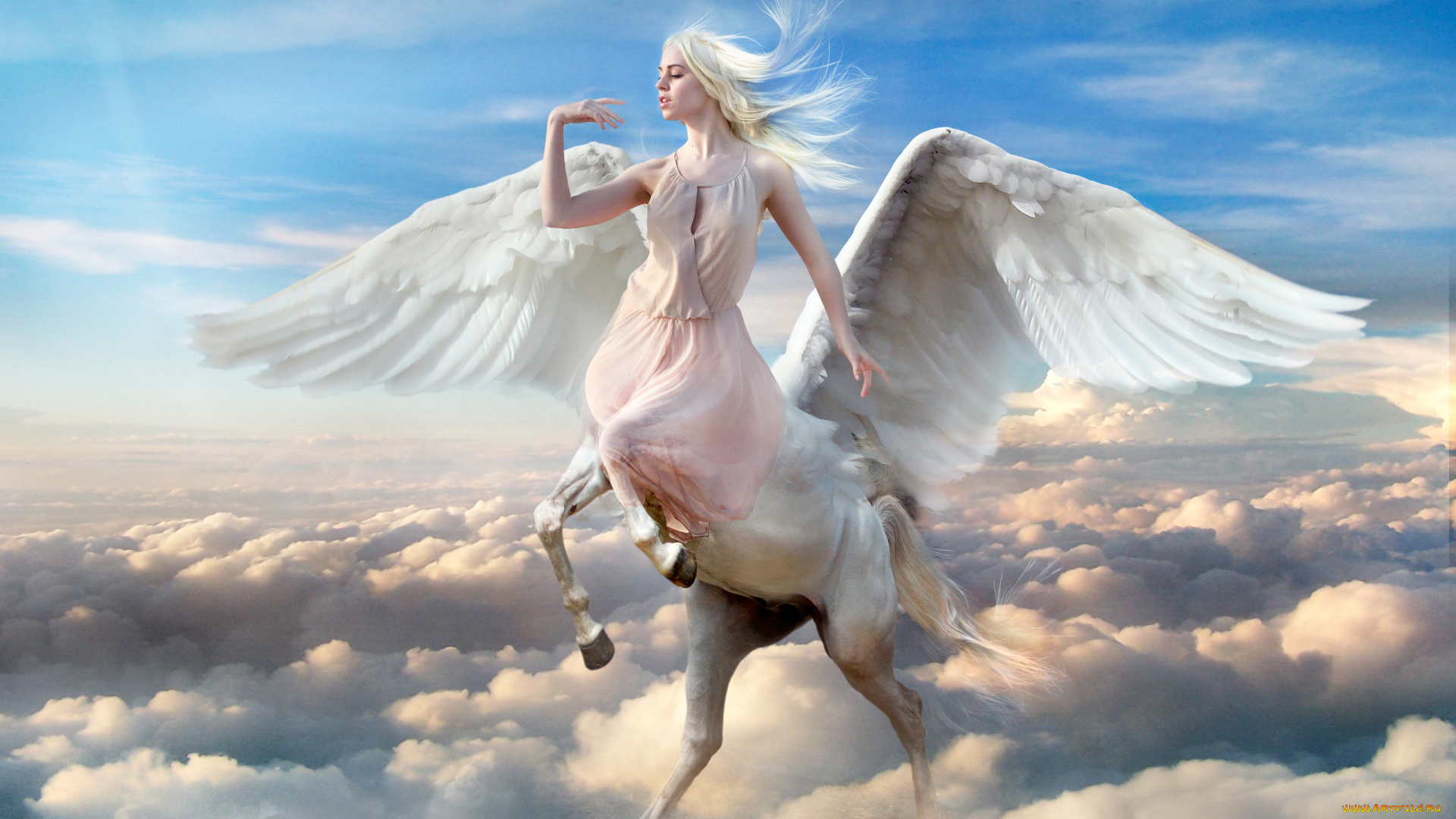 фэнтези, фотоарт, девушка, пегас, фон