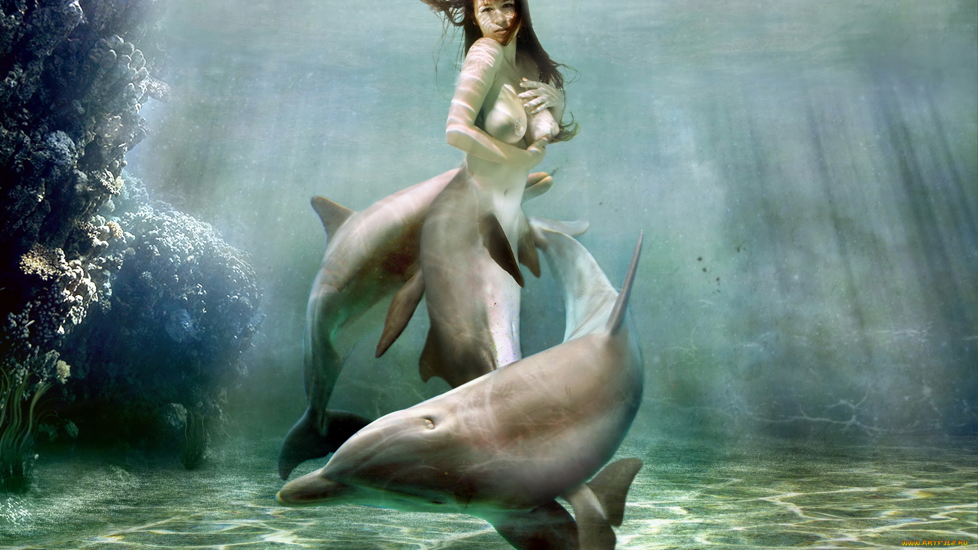 фэнтези, фотоарт, фон, девушка, дельфин, взгляд