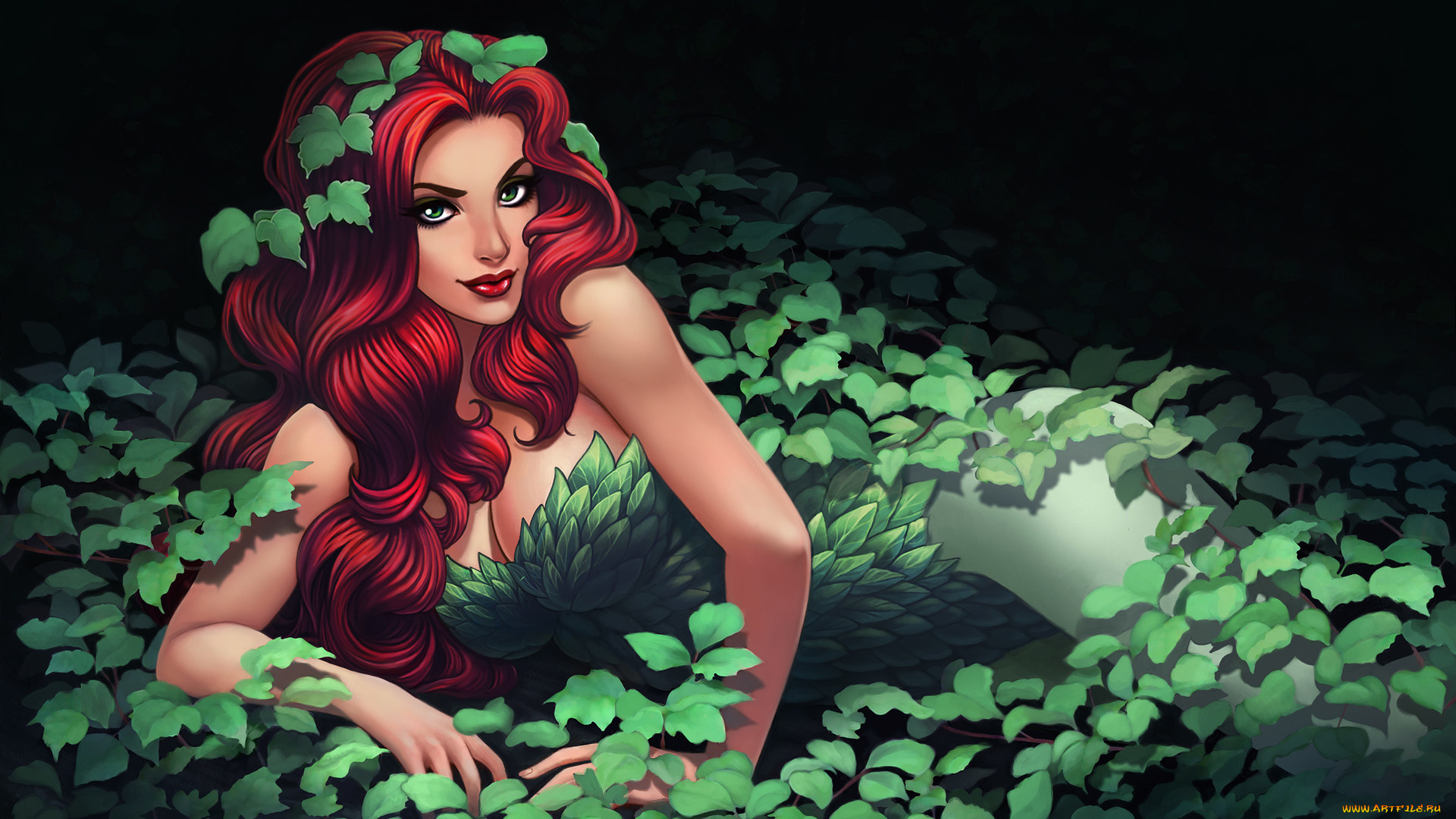 фэнтези, русалки, рисунок, poison, глаза, рыба, девушка, вода, кусты, ivy, русалка