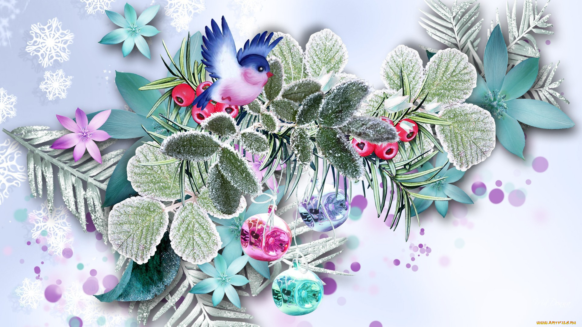 праздничные, векторная, графика, , новый, год, птица, новый, год, листья, цветы, коллаж, рождество, праздник, иней