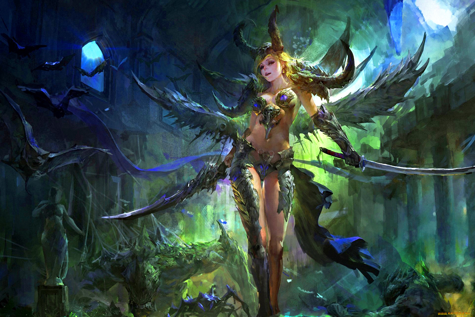 фэнтези, демоны, меч, арт, воин, рога, фентези, девушка