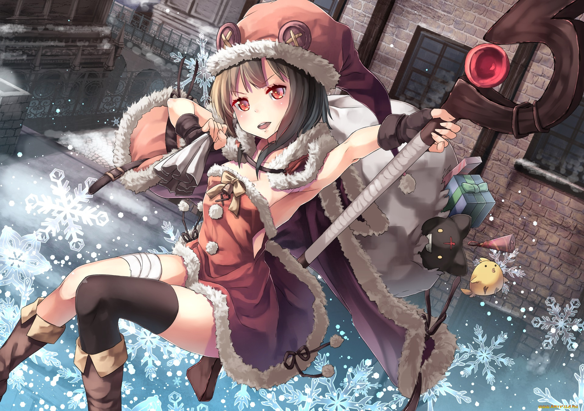 аниме, зима, , новый, год, , рождество, взгляд, фон, девушка