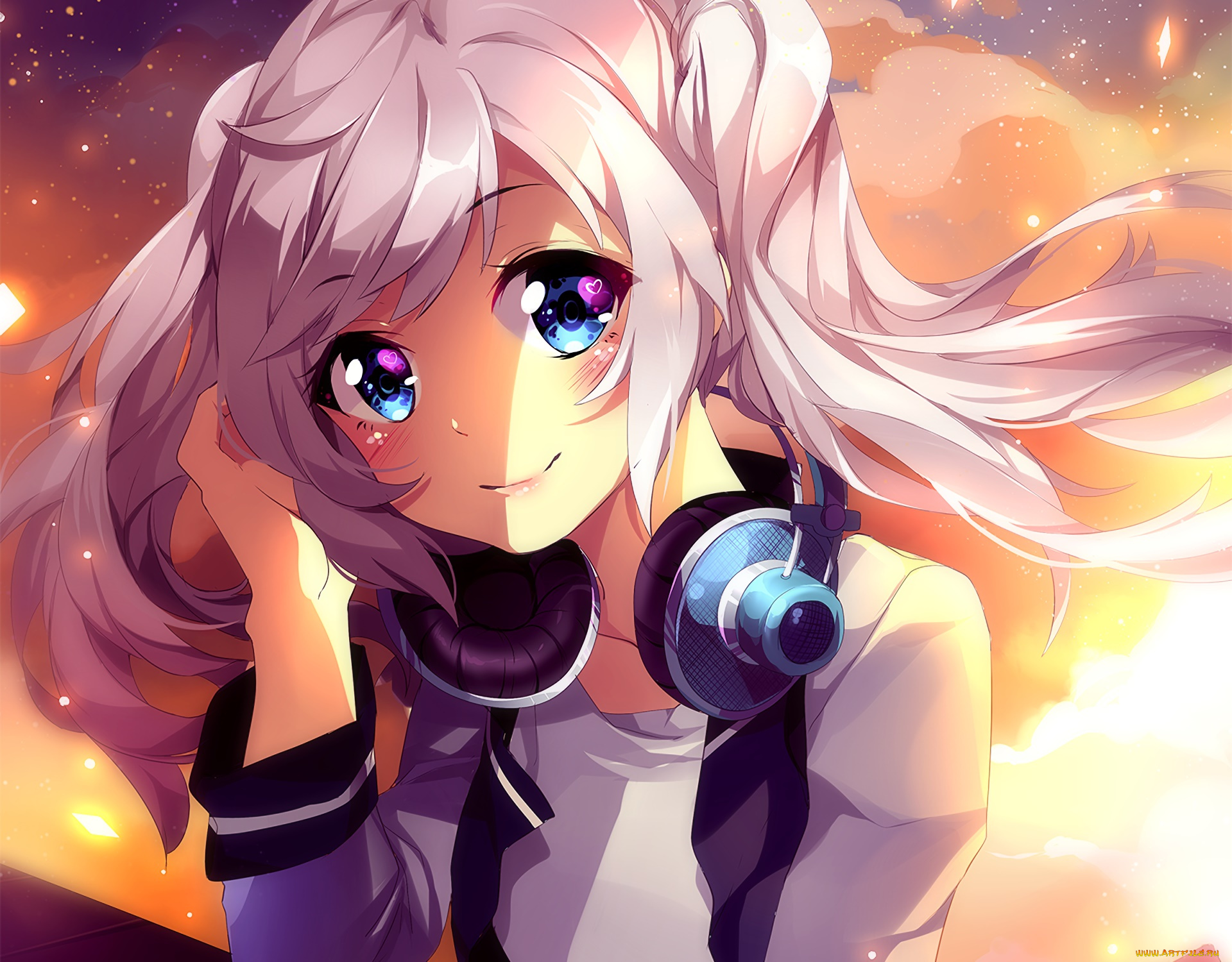 аниме, музыка, фон, взгляд, девушка