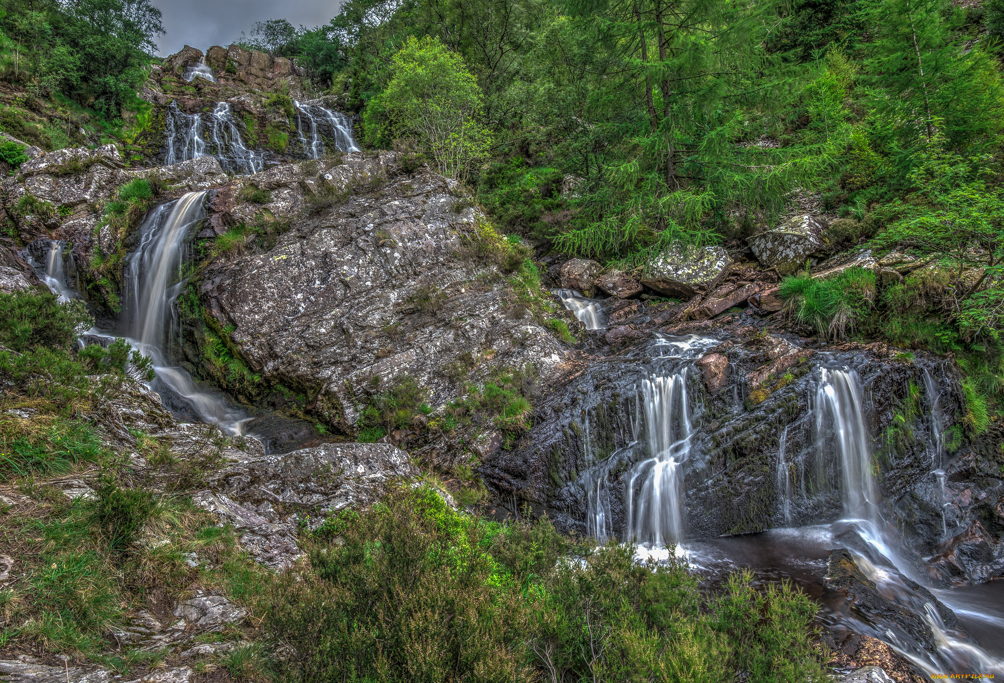 природа, водопады, лес, река, водопад
