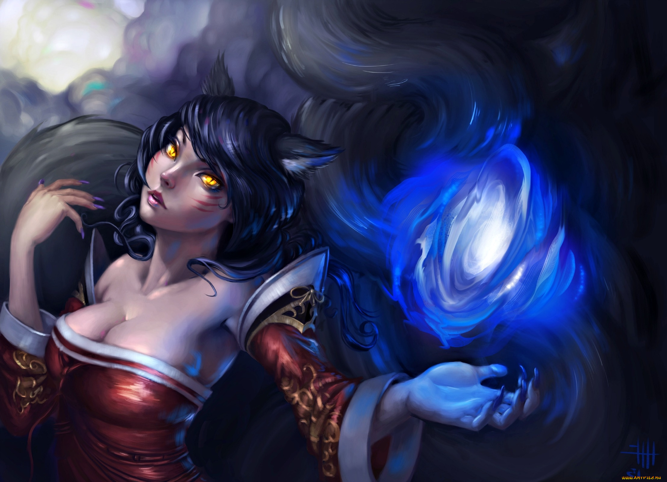 видео, игры, league, of, legends, уши, нэко, девушка, магия, вихрь, ahri