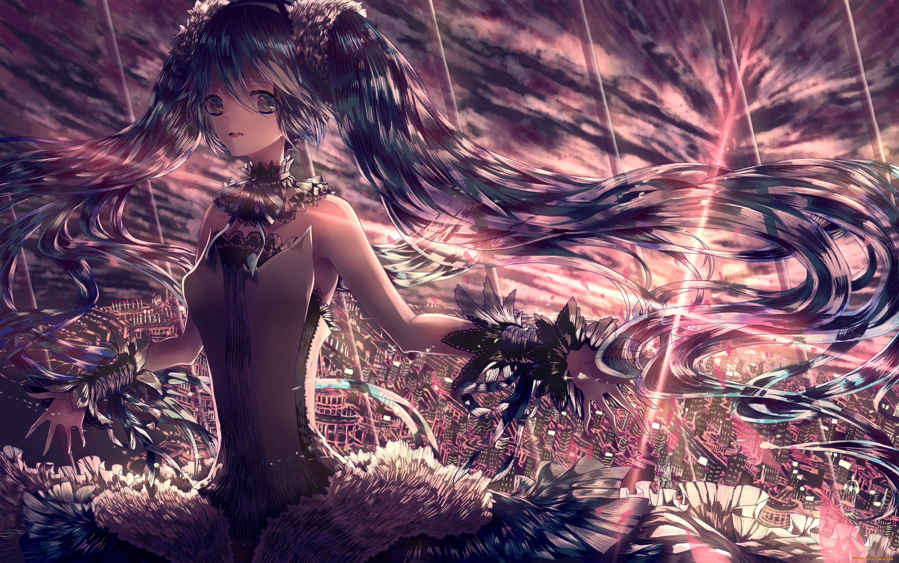 аниме, vocaloid, закат, облака, небо, девушка, город, дома, aka, x, арт, hatsune, miku, 7th, dragon, 2020