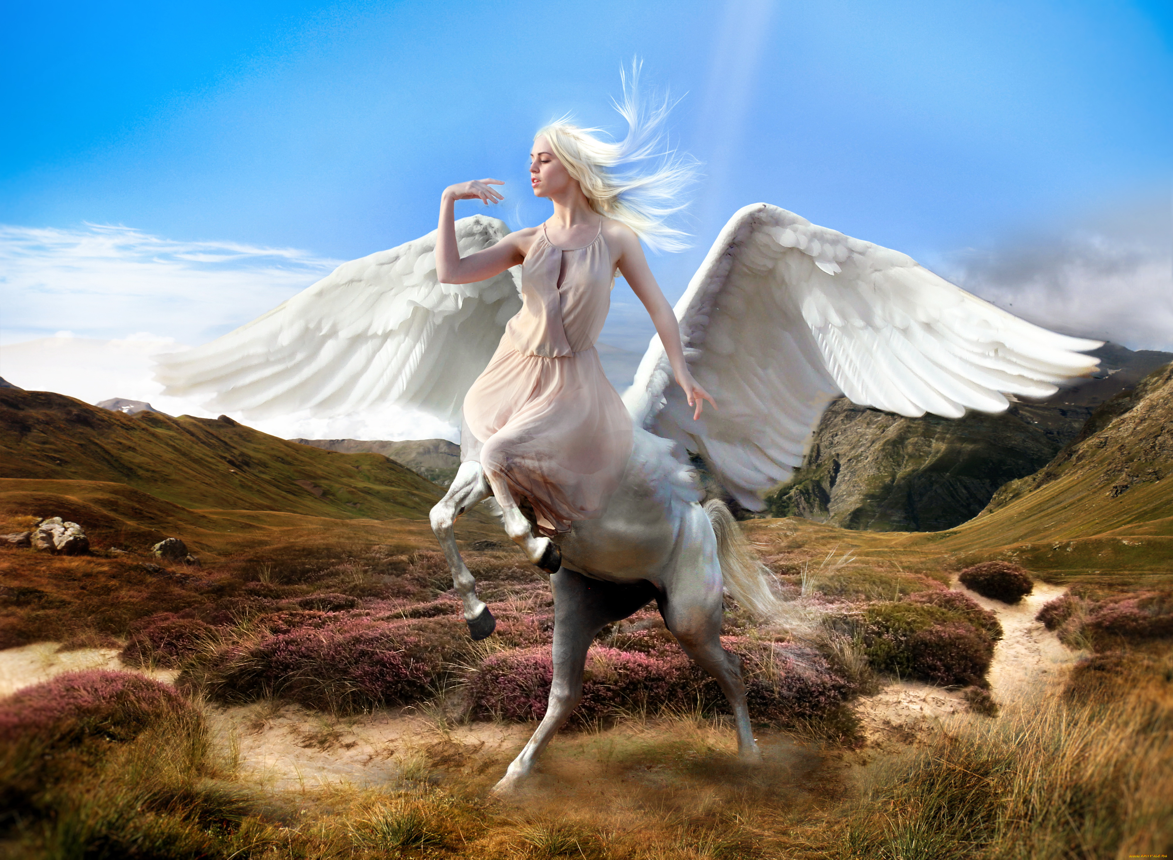 фэнтези, фотоарт, фон, девушка, пегас