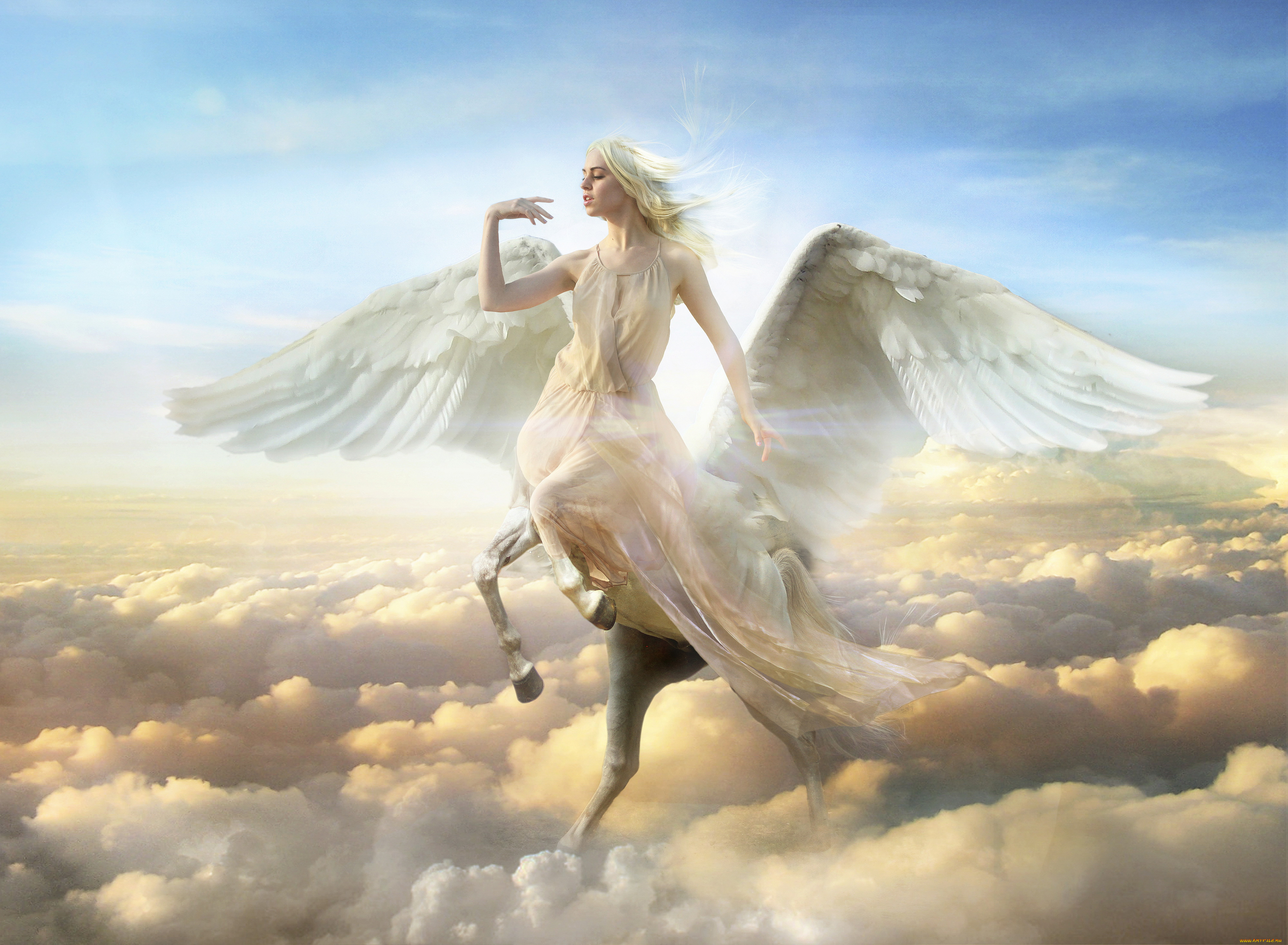фэнтези, фотоарт, пегас, фон, девушка