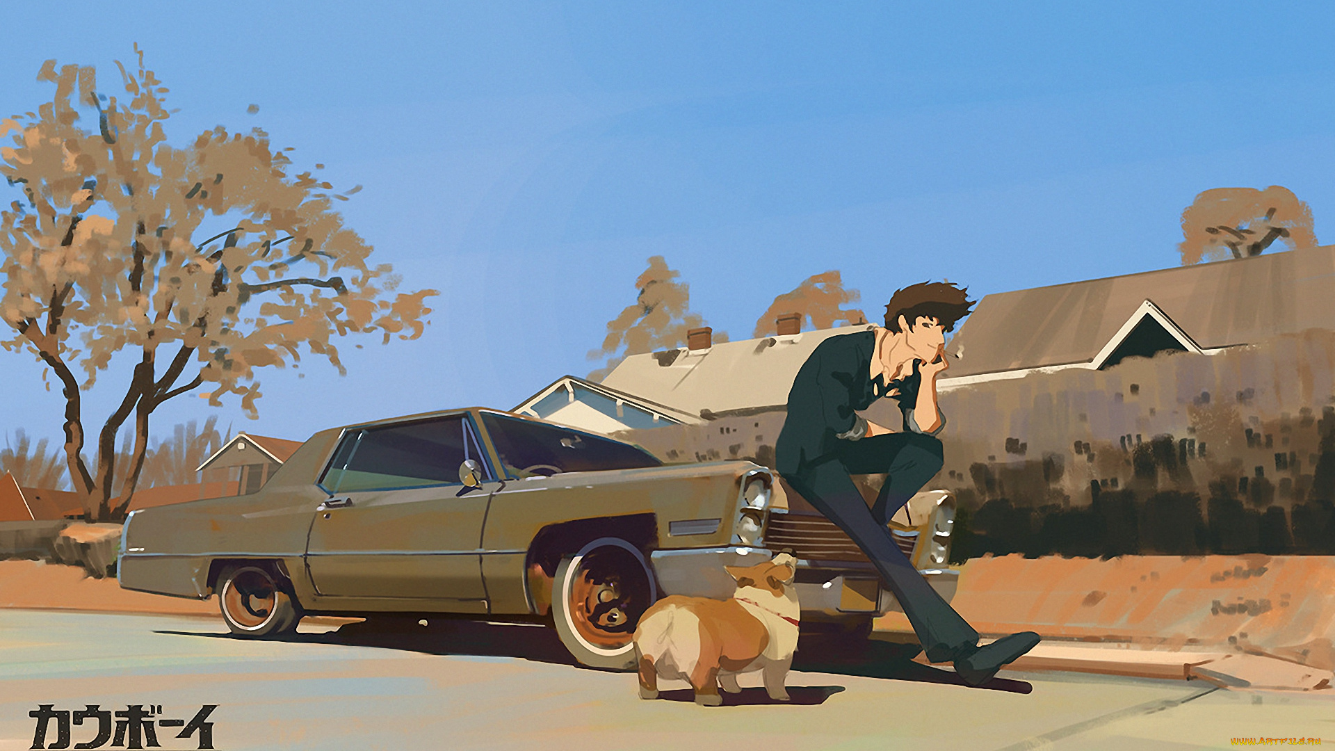 аниме, cowboy, bebop, дом, ein, spiegel, мужчина, дорога, spike, машина