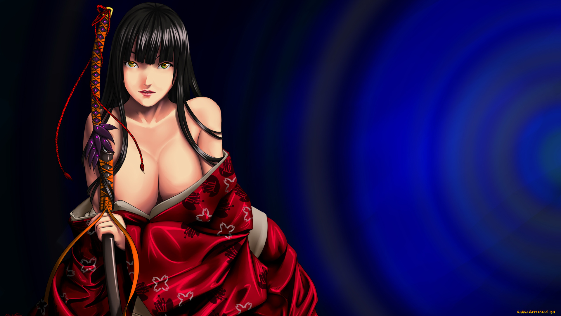 аниме, оружие, , техника, , технологии, катана, фон, девушка, кимоно, взгляд