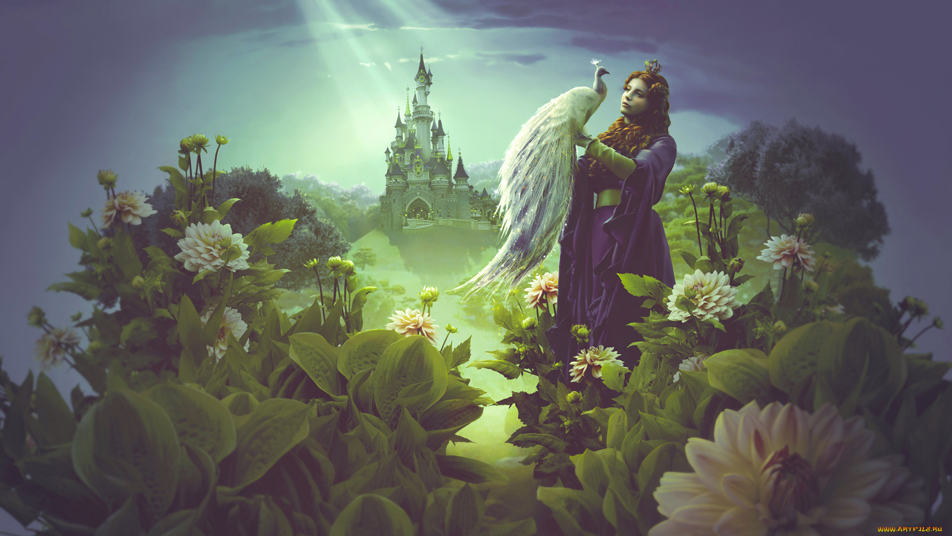 фэнтези, фотоарт, замок, павлин, фон, девушка