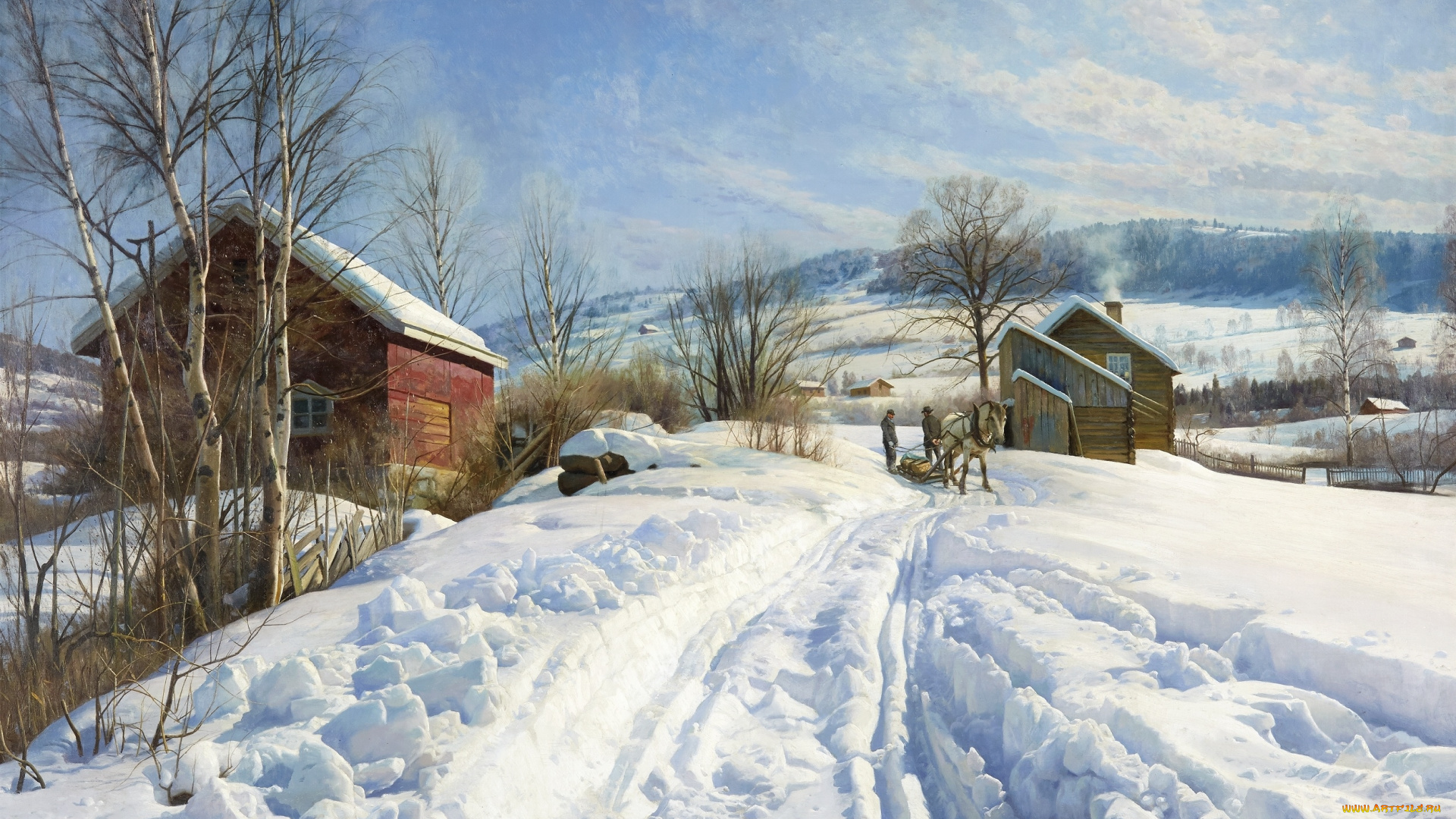 рисованное, живопись, снег, зима, дома, лошадь