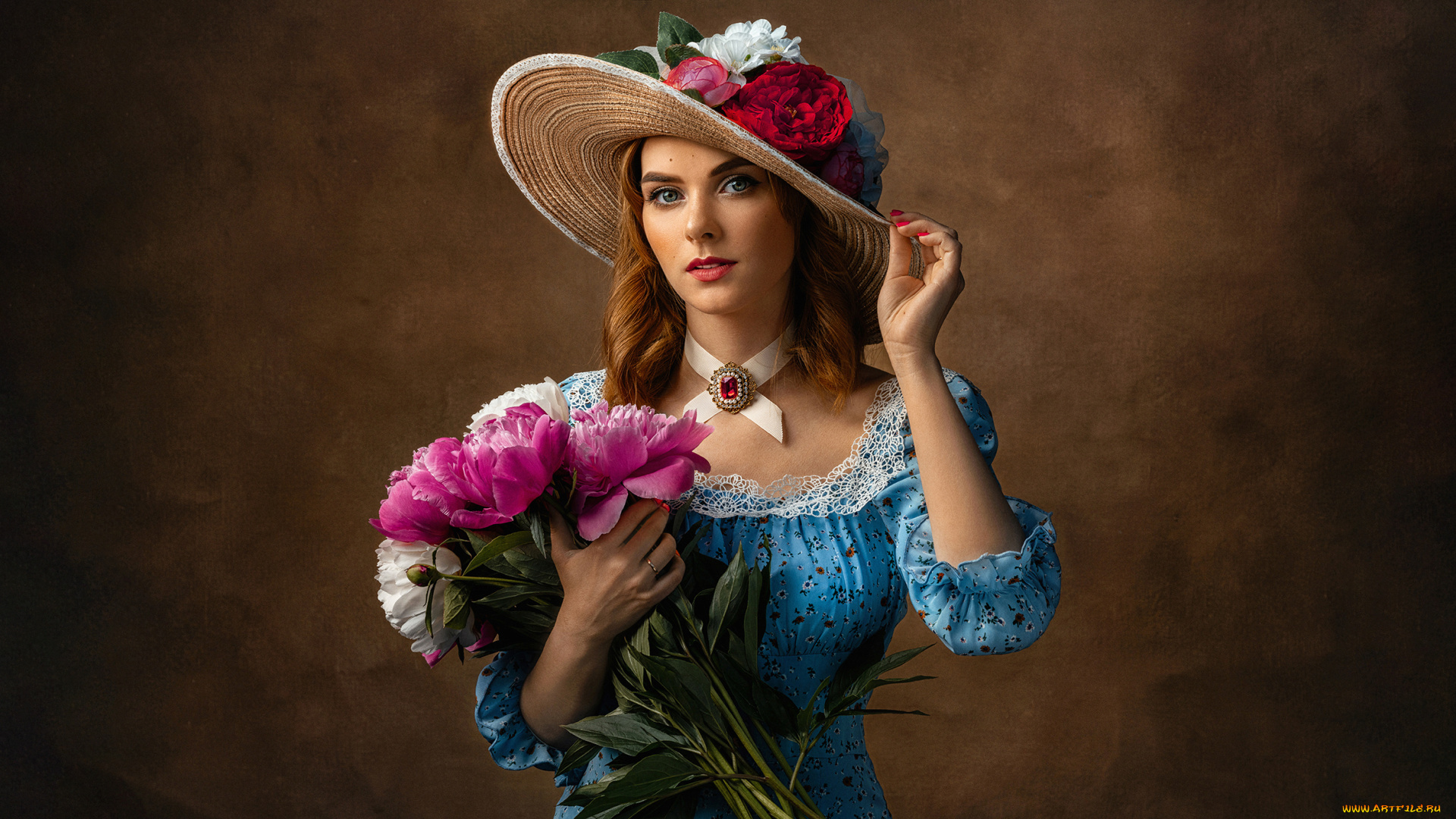 девушки, -, рыжеволосые, и, разноцветные, девушка, в, шляпе, с, цветами
