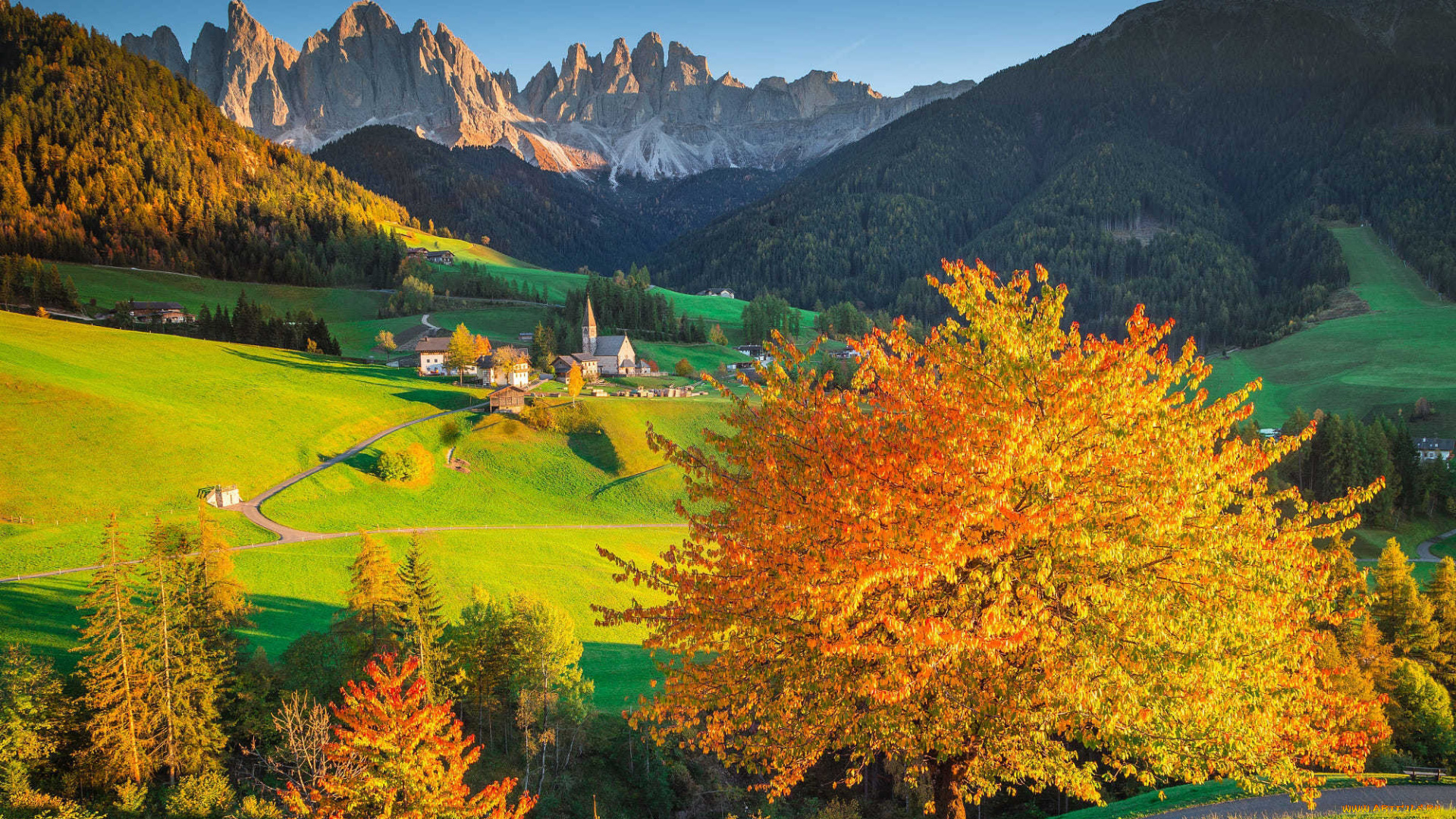 города, валь-де-фюнес, , санта-маддалена, , италия, горы, долина, дома, осень