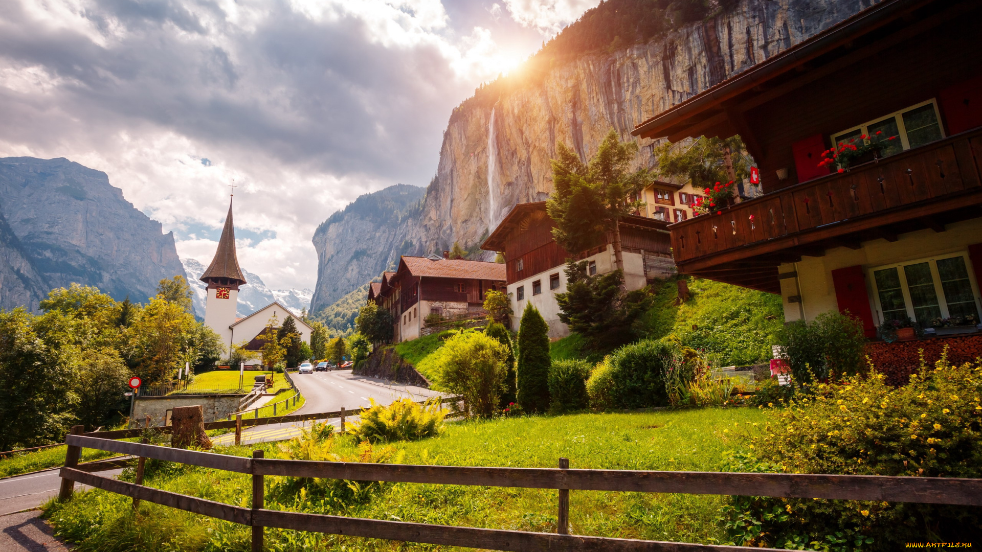 города, лаутербруннен, , швейцария, горы, водопад, костел, дома, дорога