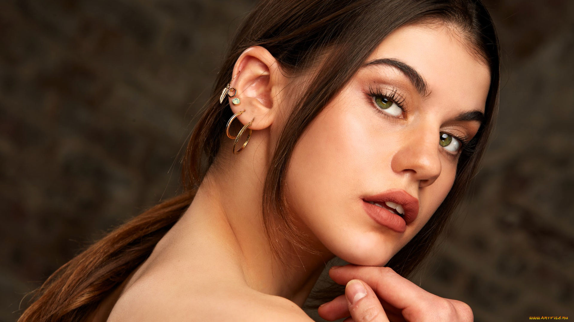 девушки, -, лица, , портреты, шатенка, лицо, серьги