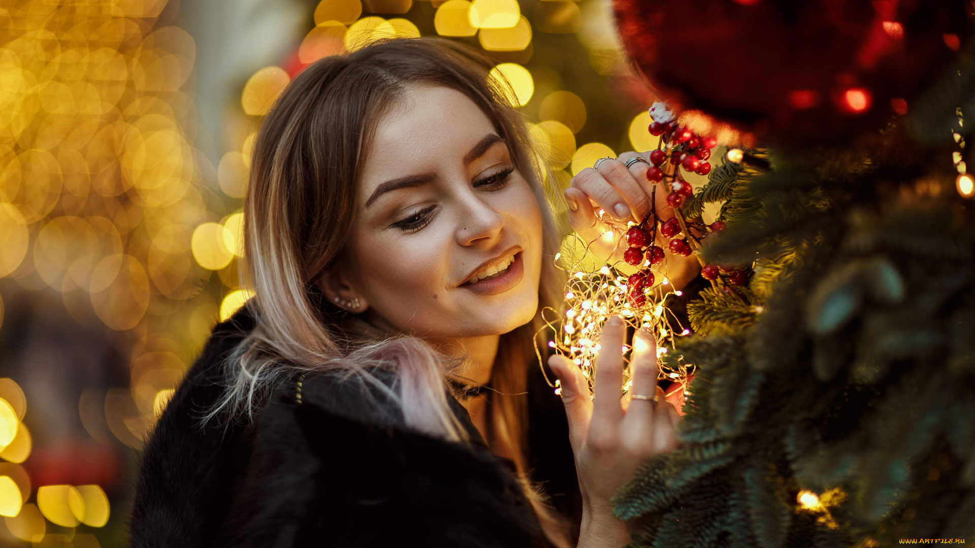 девушки, -, лица, , портреты, таисия, туровская, шубы, черное, пальто, открытый, рот, блондинка, модель, рождественские, украшения, глубина, резкости, огни, гламур, взгляд, в, сторону, hakan, erenler