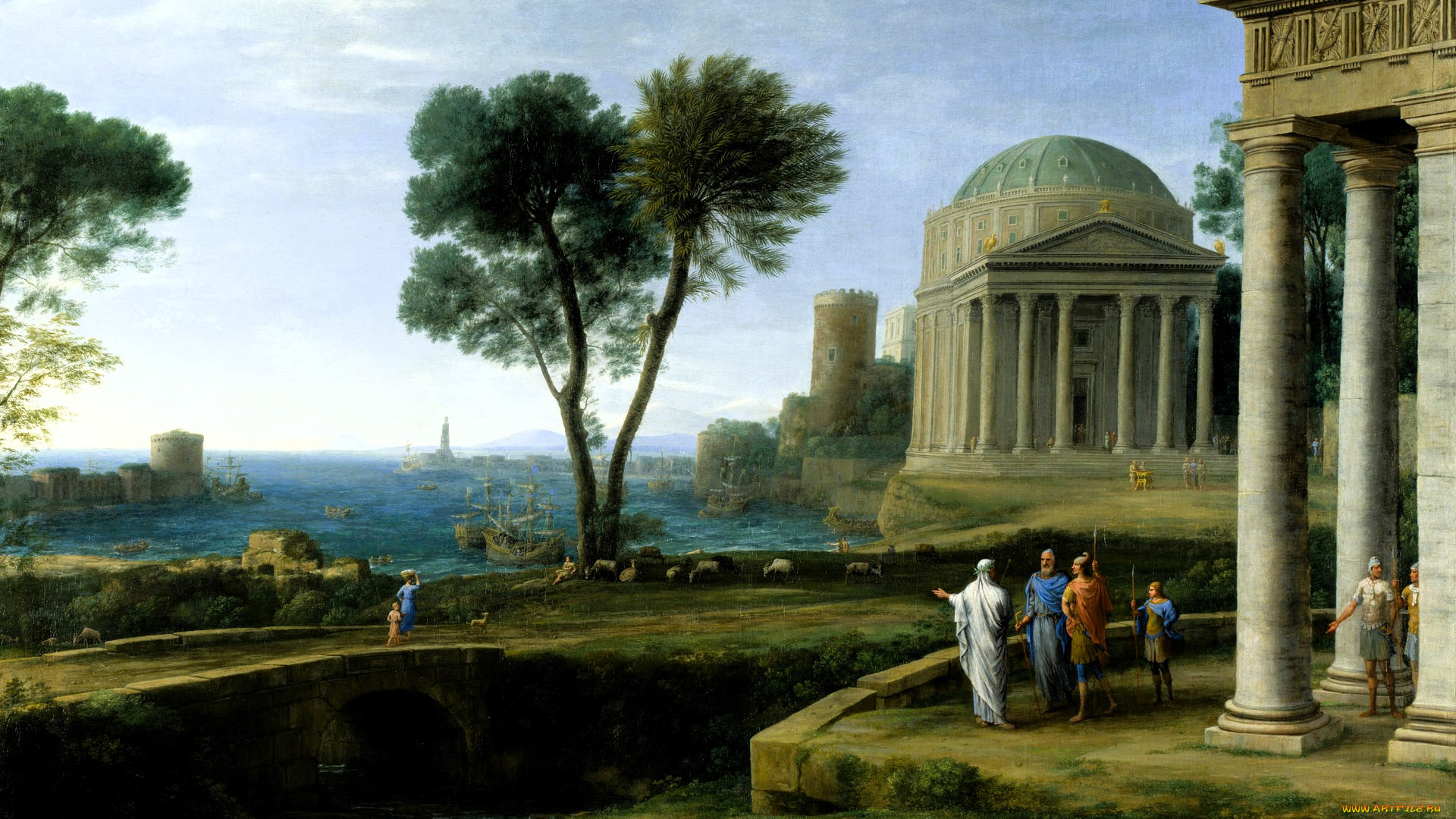 рисованное, claude, lorrain, люди, здания, море, мост, деревья