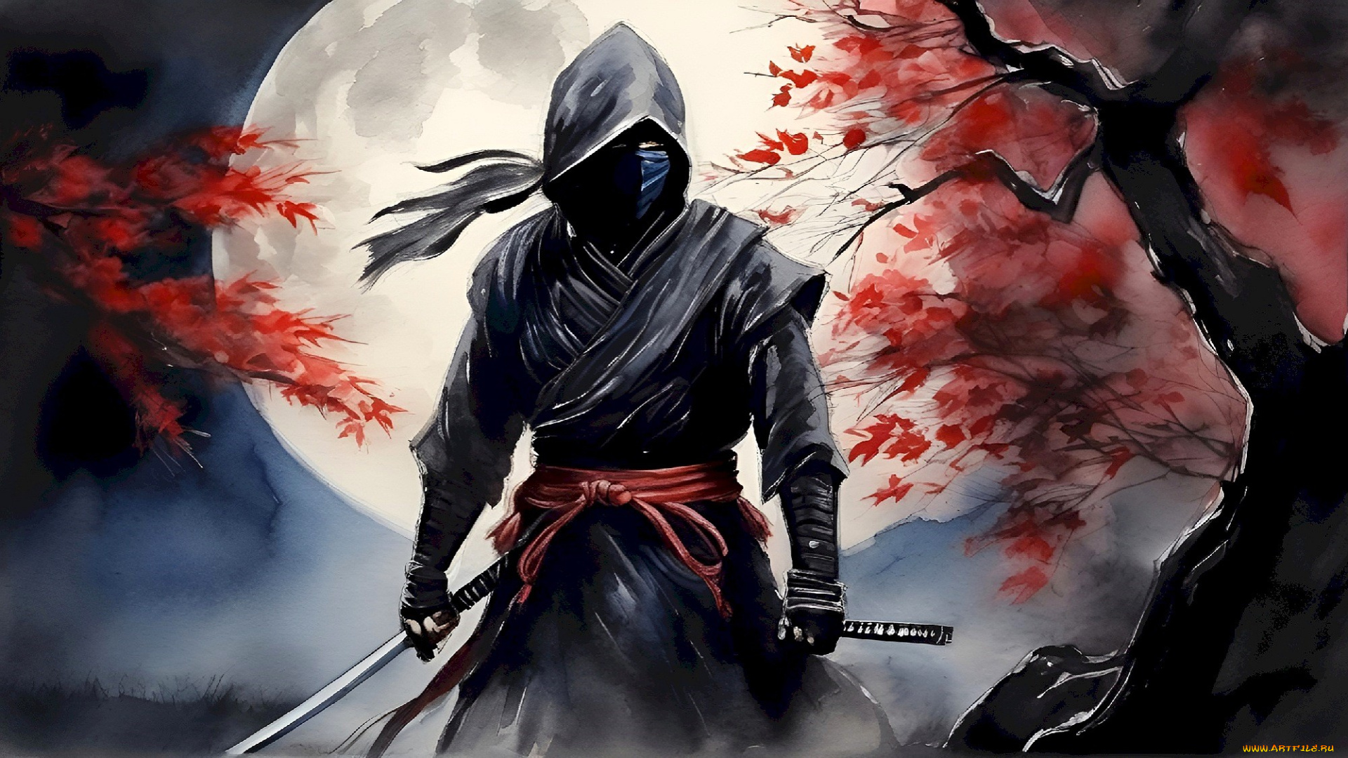 рисованное, люди, ниндзя, оружие, деревья, осень, луна