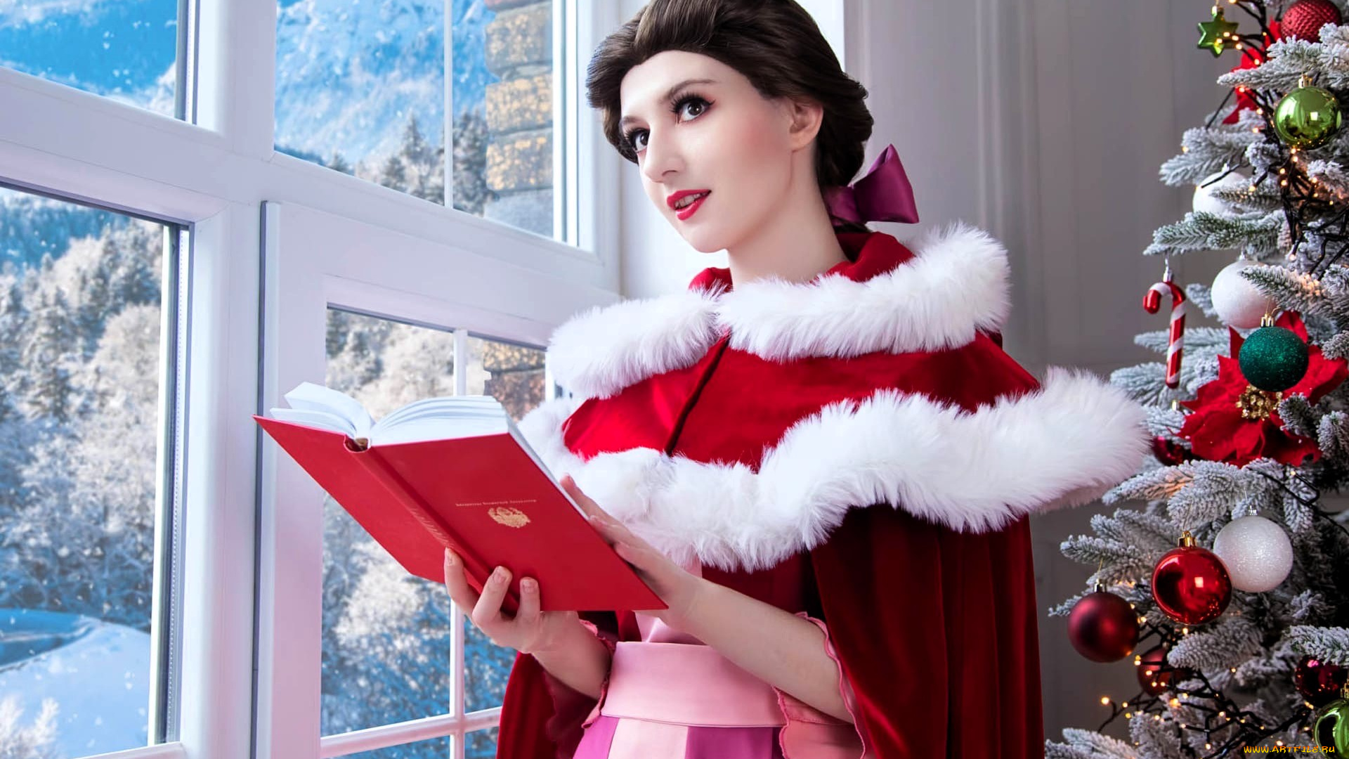 девушки, tomka, violea, образ, косплей, наряд, костюм, книга, ёлка, окно, новый, год