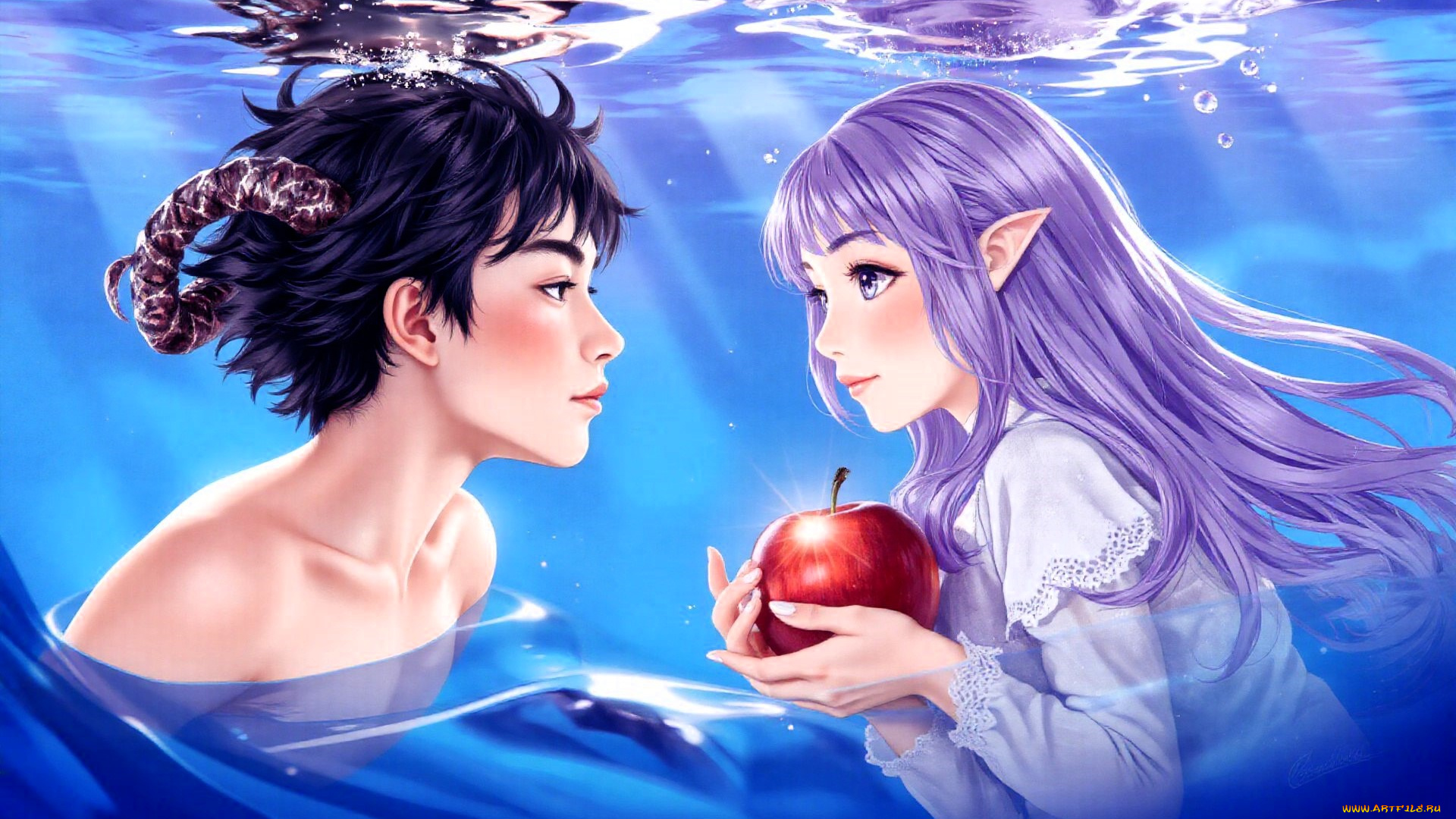фэнтези, демоны, парень, рога, девушка, вода, яблоко, эльфийка