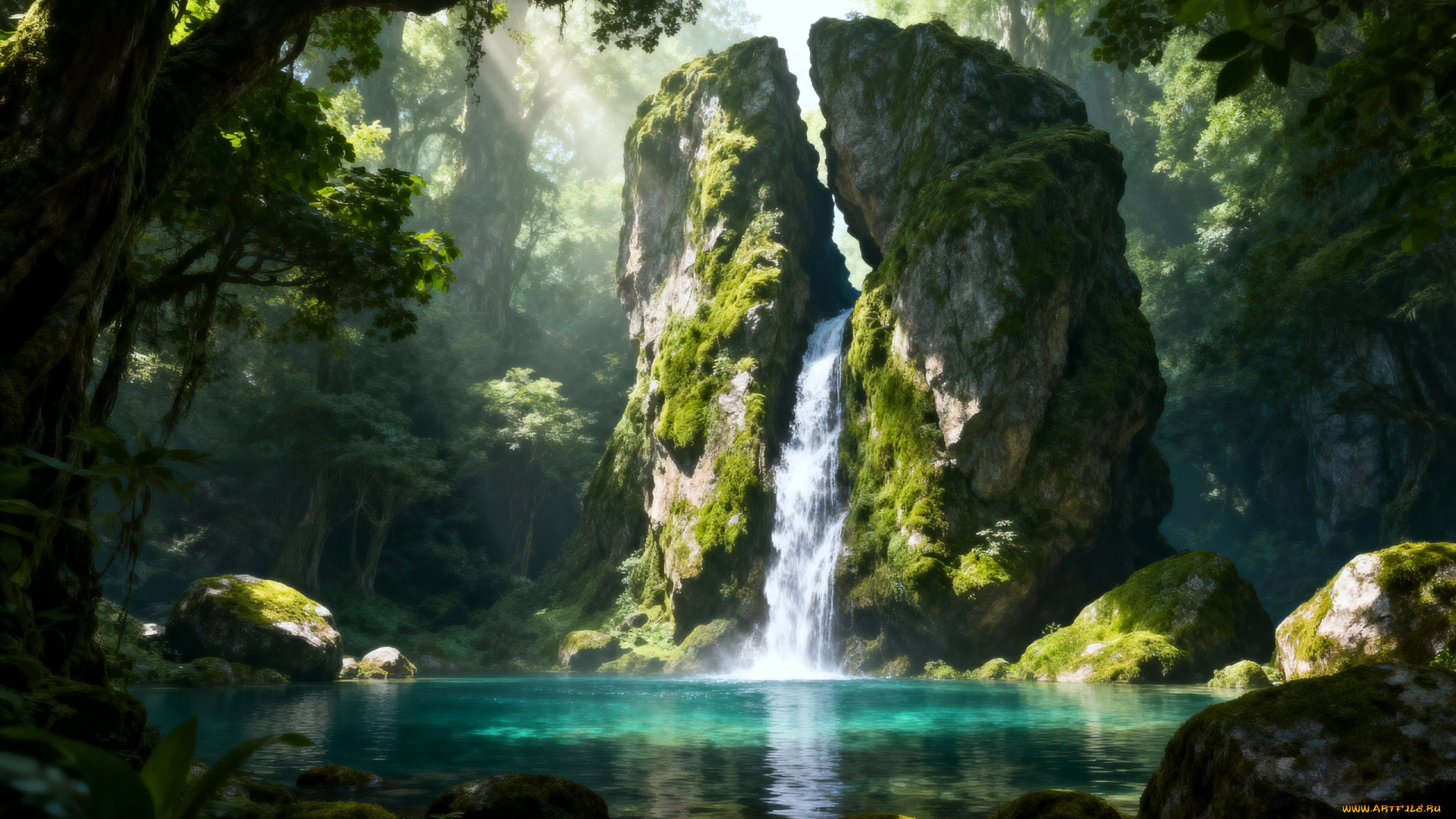 разное, компьютерный, дизайн, скала, водопад, лес, озеро