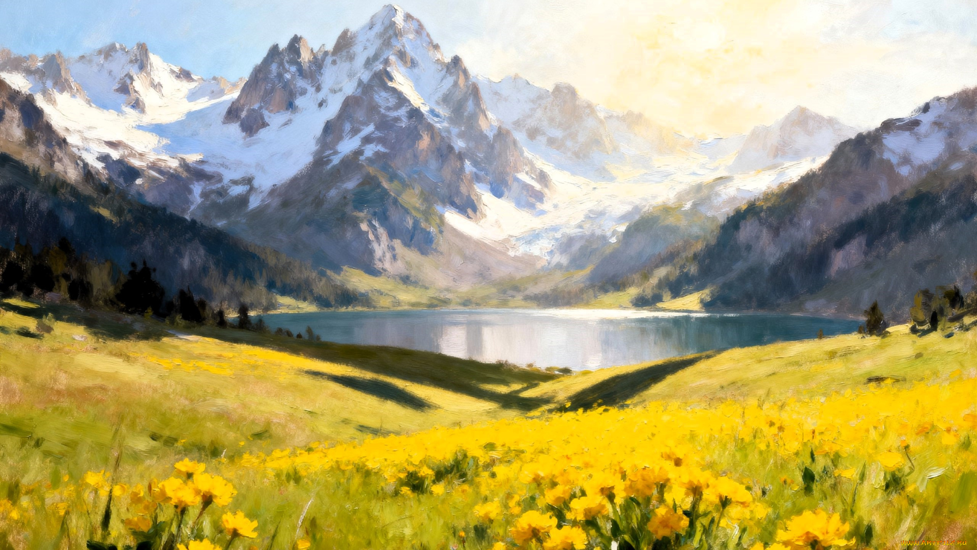 рисованное, природа, горы, снег, озеро, луга, цветы