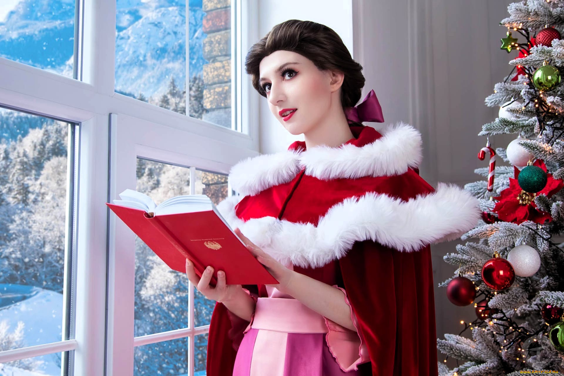 девушки, tomka, violea, образ, косплей, наряд, костюм, книга, ёлка, окно, новый, год
