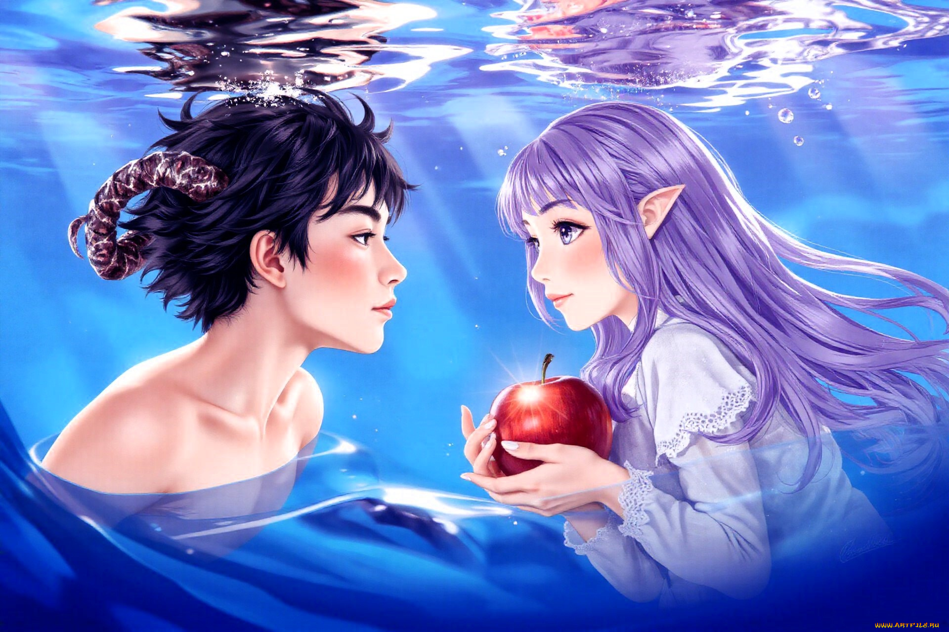 фэнтези, демоны, парень, рога, девушка, вода, яблоко, эльфийка
