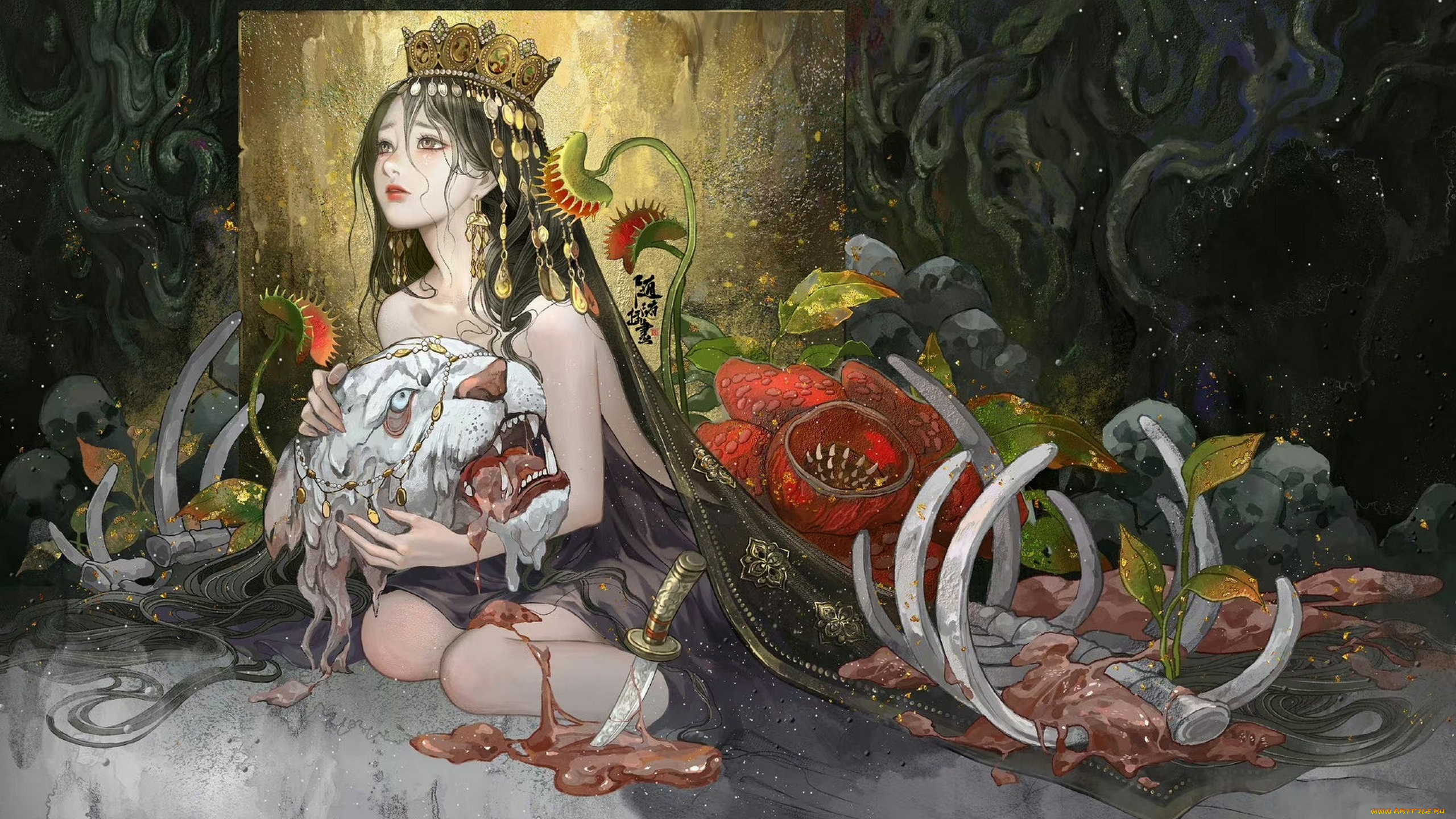 фэнтези, красавицы, и, чудовища, азия, китай, девушка, тигр, смерть